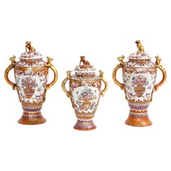 Antique 18th C. Chinese Porcelain Famille Rose Mandarin 3-Piece Vase Garniture Set