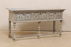 English Console Table with Geometrical Carved Panels and Brass Accents