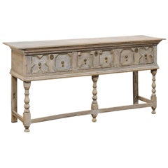 Antique English Console Table with Geometrical Carved Panels and Brass Accents
