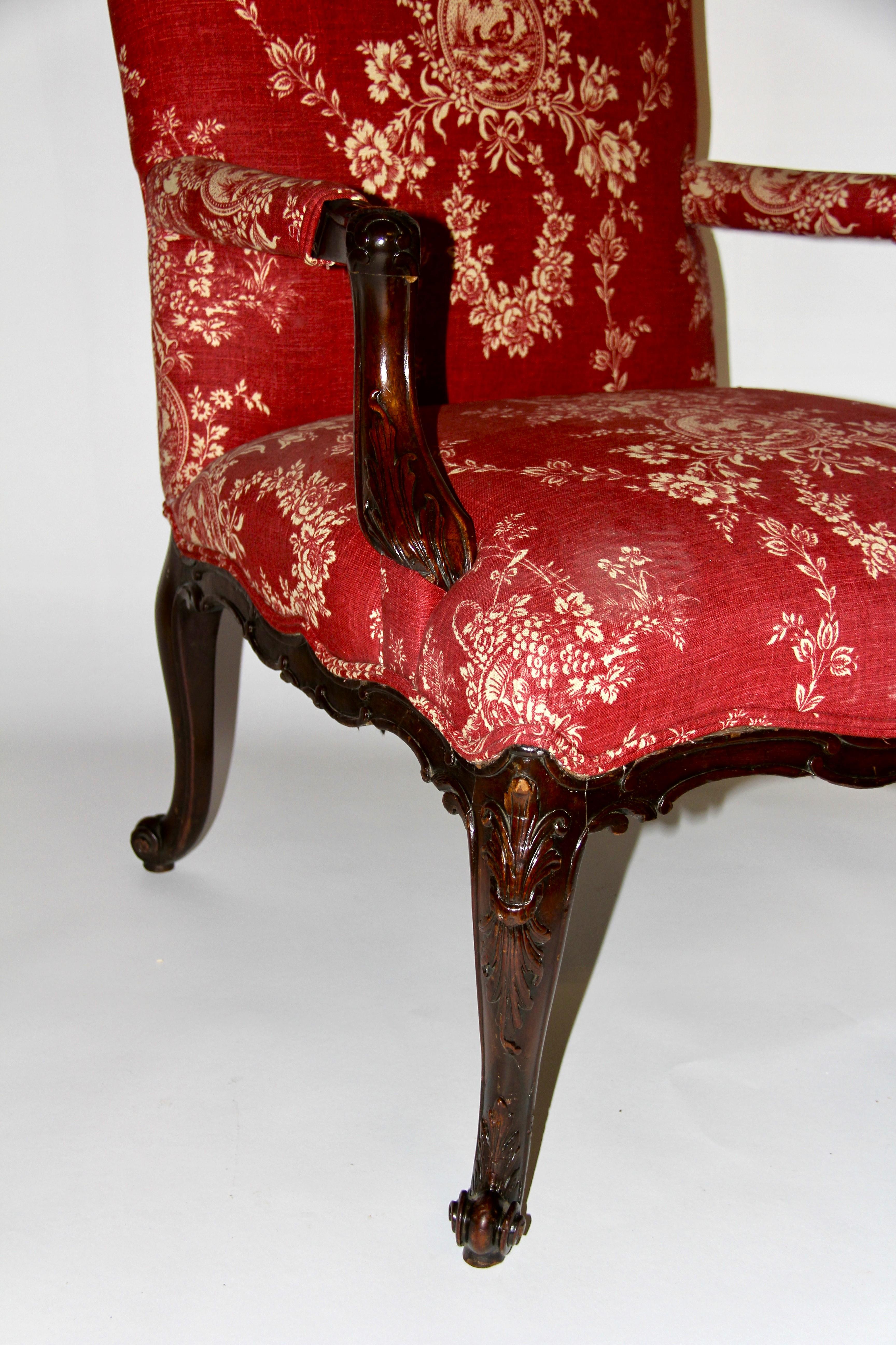 18th Century and Earlier An 18th C. English George III Hand-Carved Mahogany Armchair with Red Upholstery For Sale