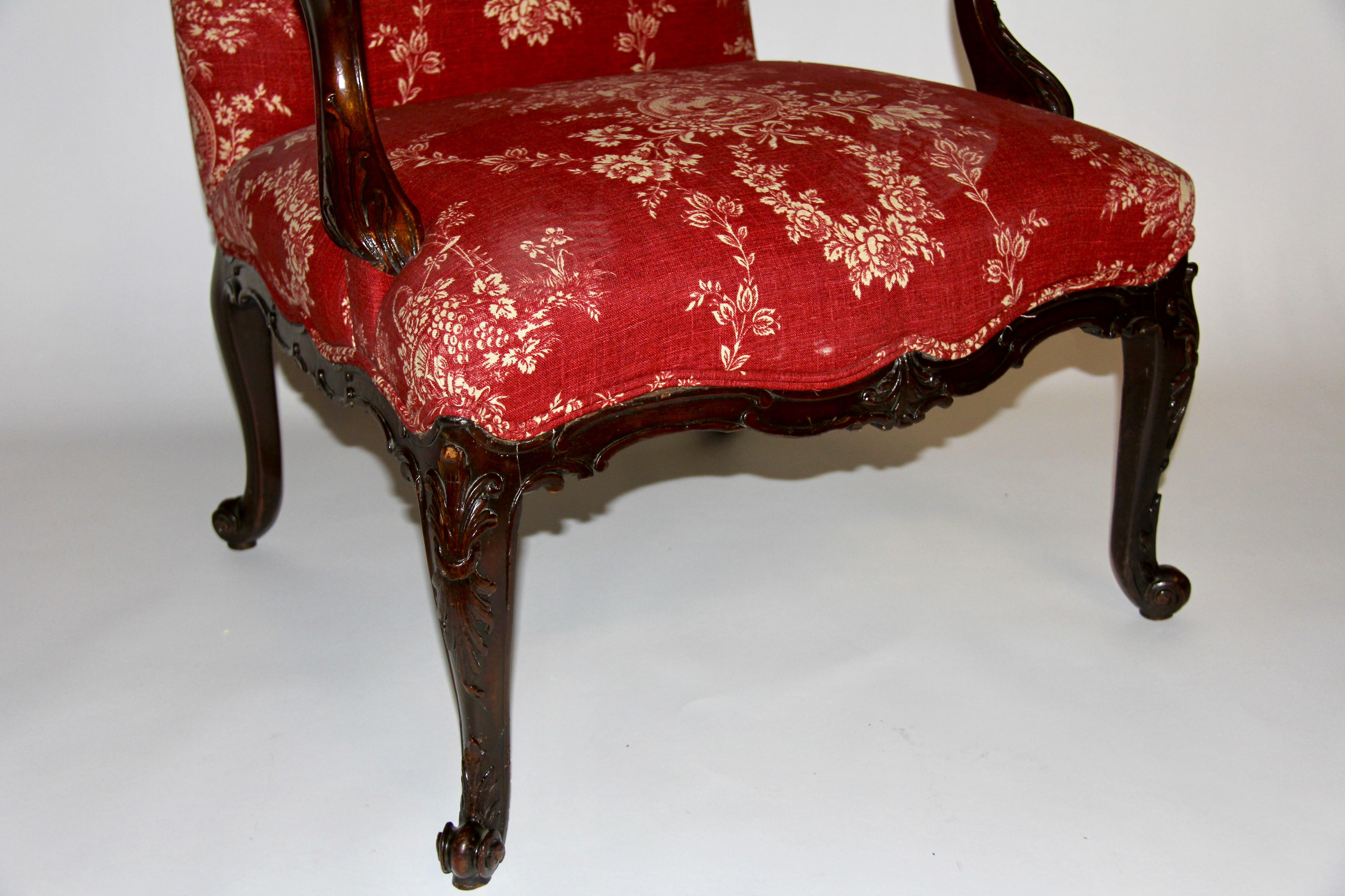 An 18th C. English George III Hand-Carved Mahogany Armchair with Red Upholstery For Sale 1