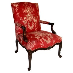 An 18th C. English George III Hand-Carved Mahogany Armchair with Red Upholstery