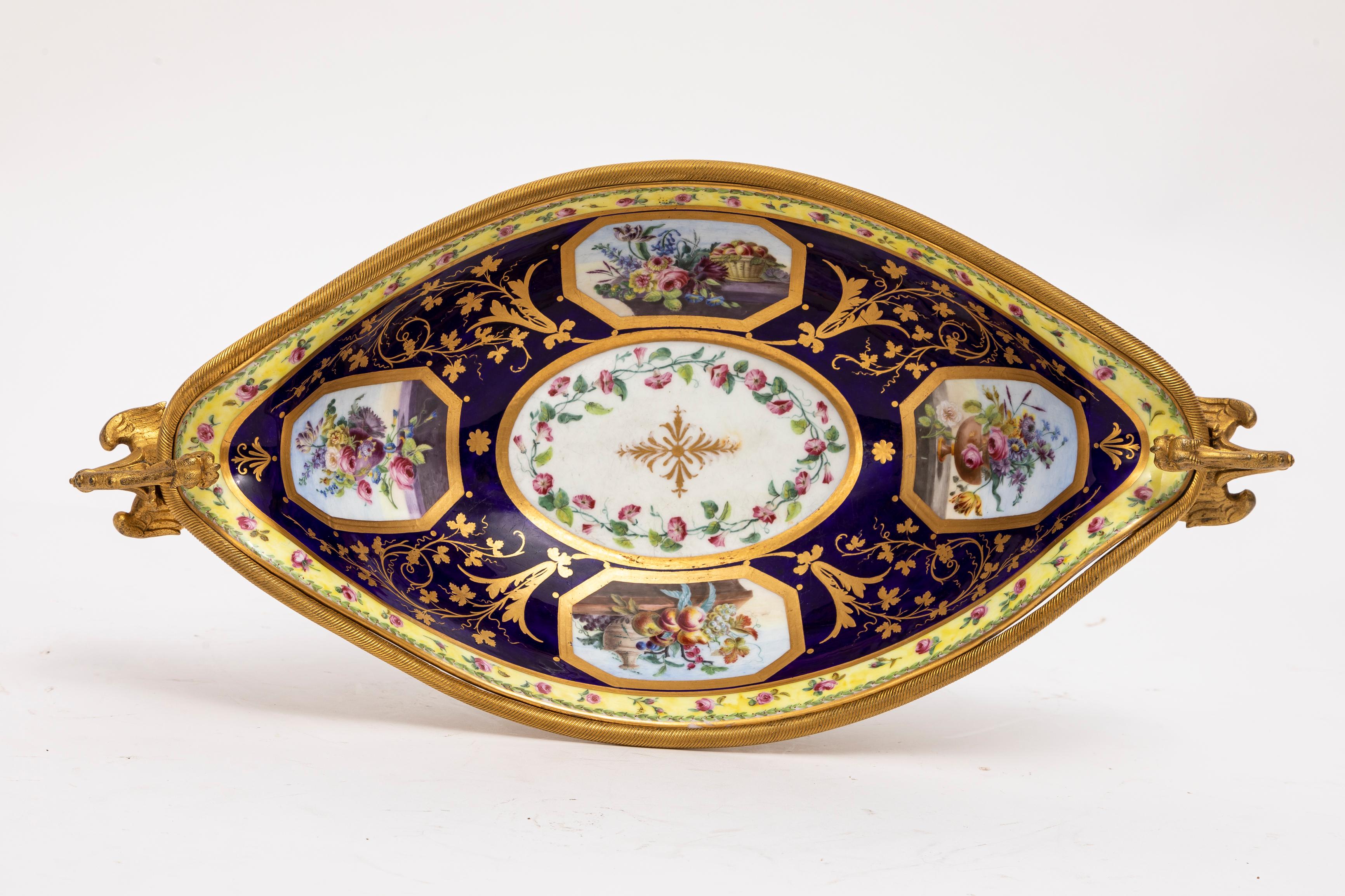 Gilt An 18th C. French Ormolu Mounted Sevres Porcelain Centerpiece w/ Dragon Handles For Sale