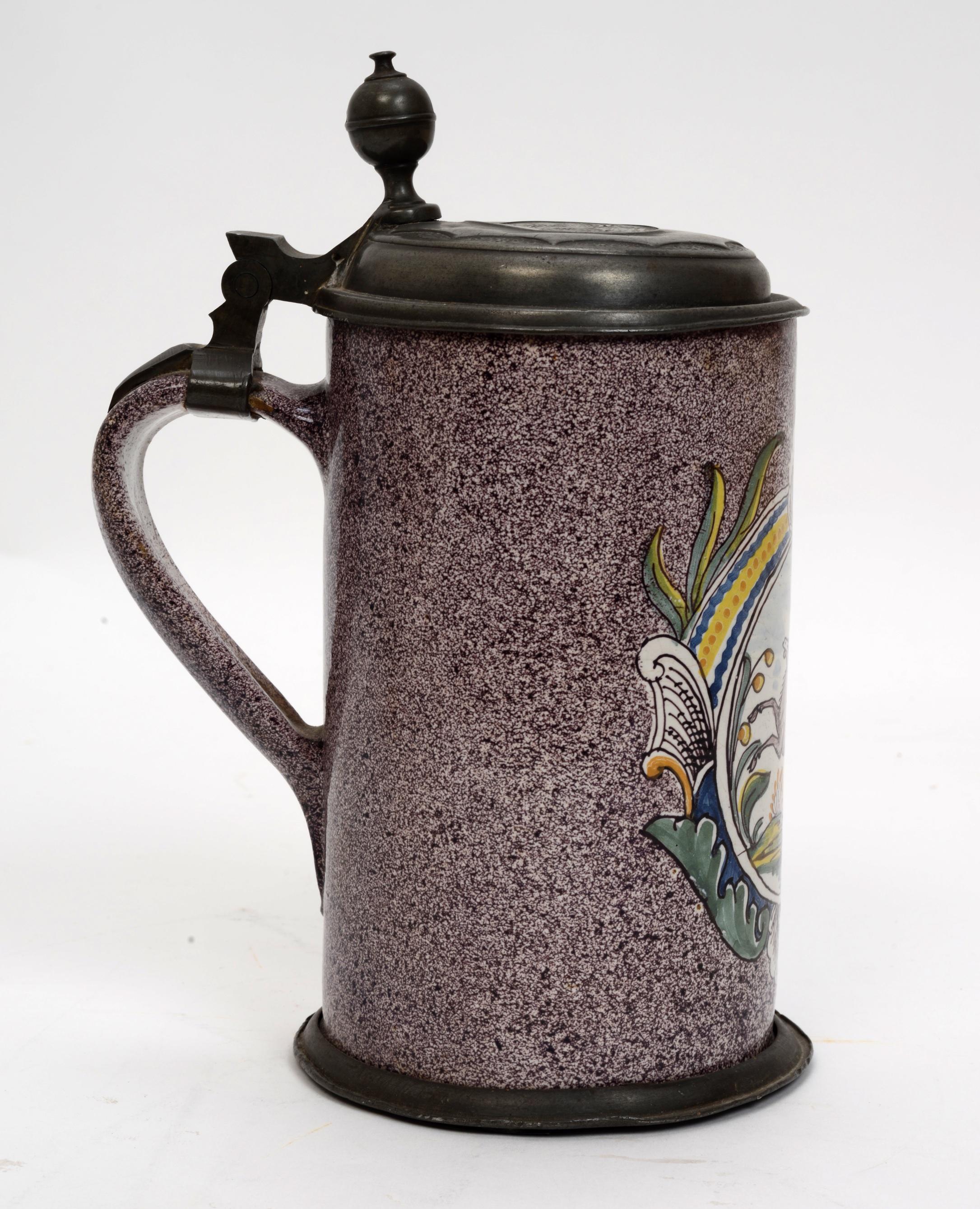 18th Century German Berlin Factory Pewter Mounted Spatterware Faience Stein In Good Condition In valatie, NY
