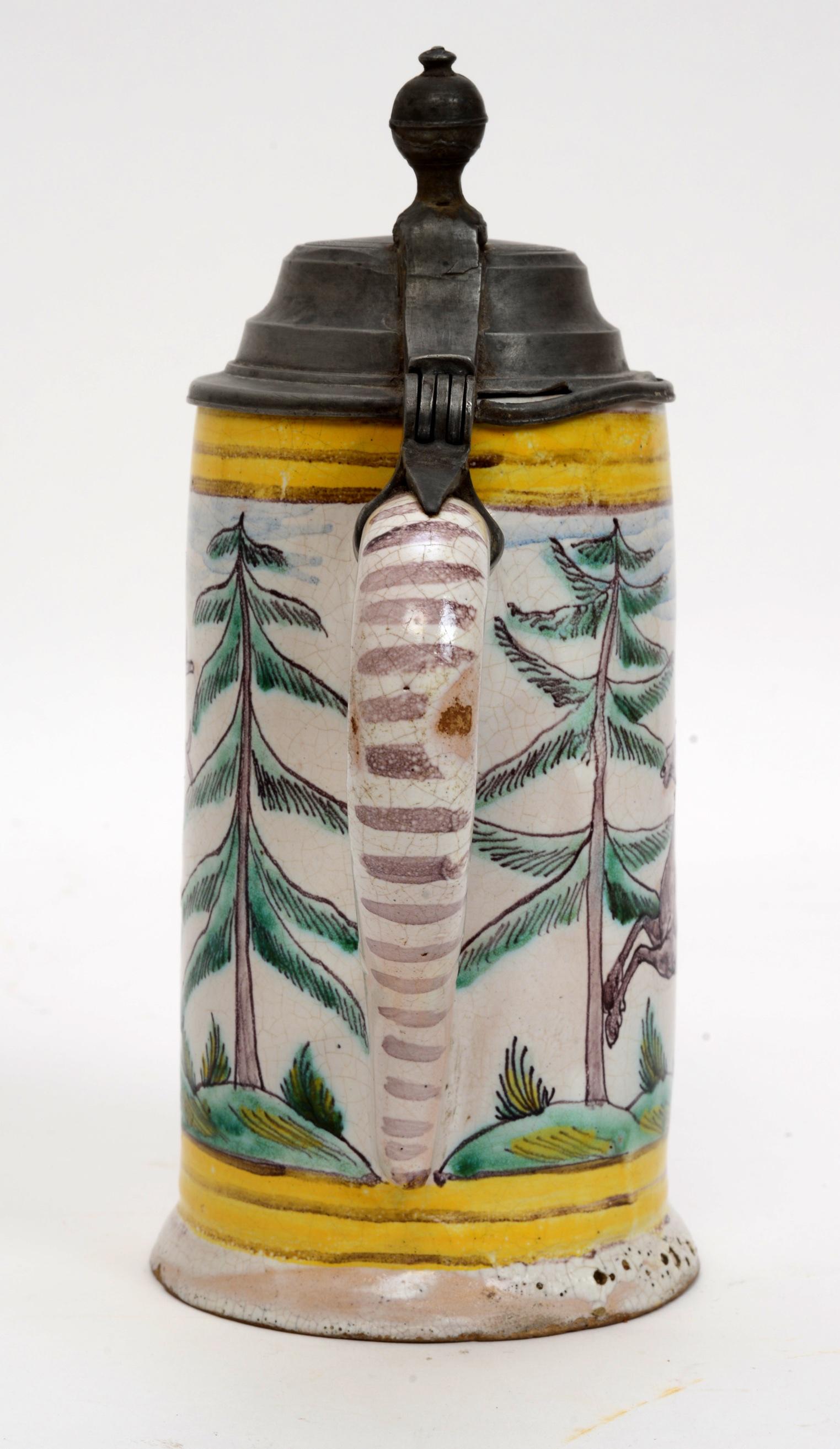 Hand-Painted 18th Century German Pewter Mounted Faience Stein, circa 1780