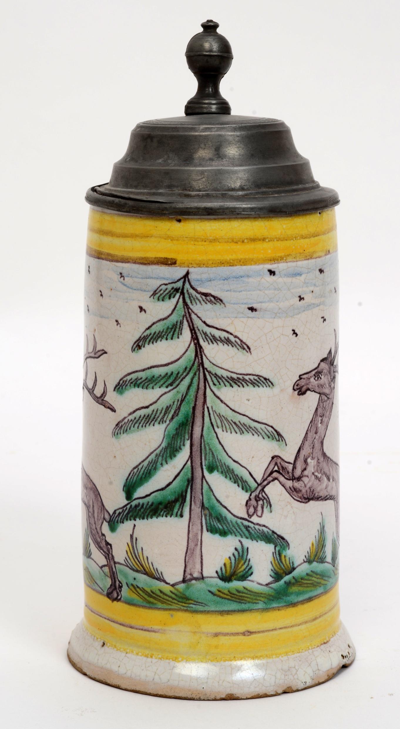 18th Century German Pewter Mounted Faience Stein, circa 1780 In Fair Condition In valatie, NY