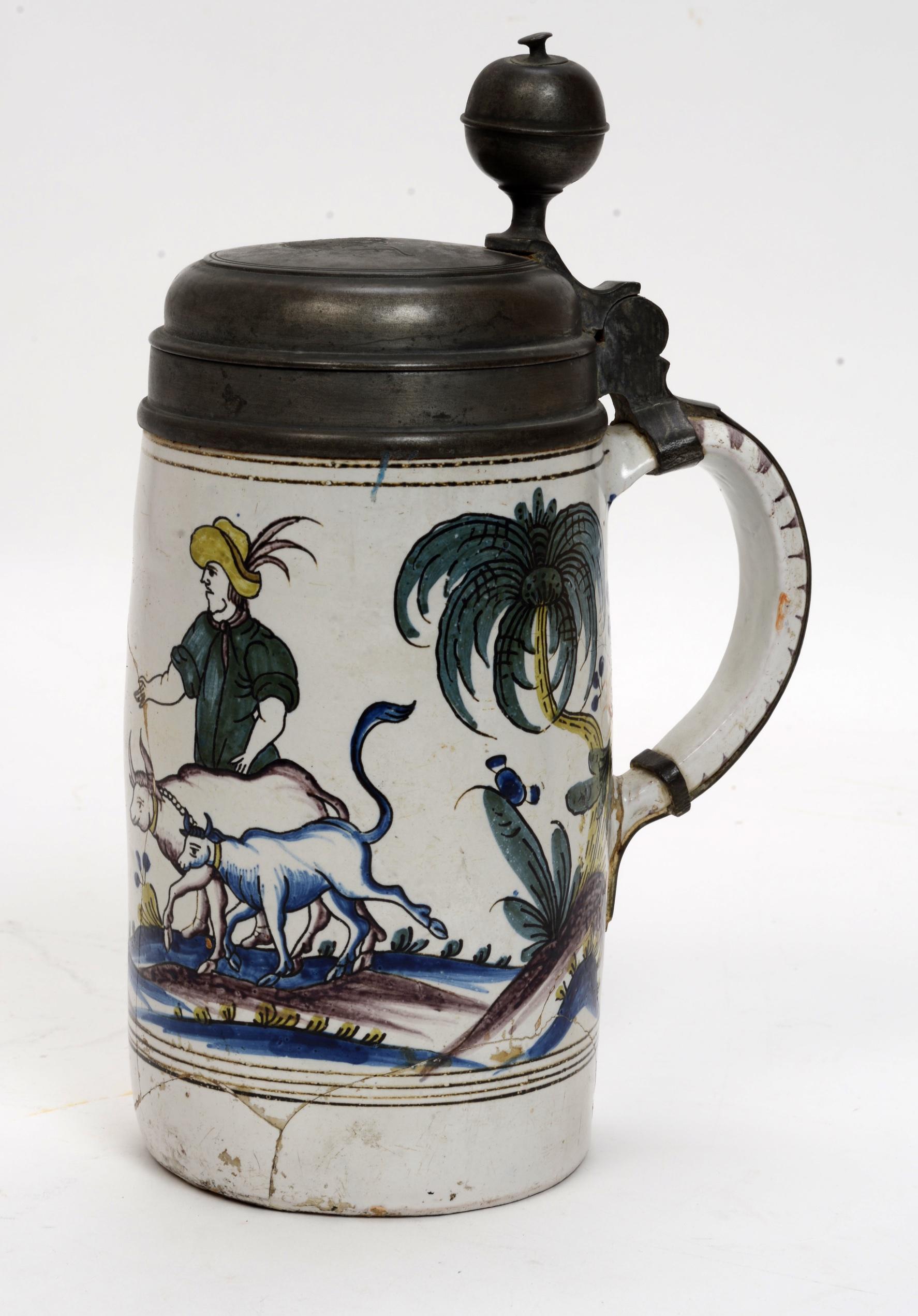An 18th century German Pewter Mounted Faience Stein dated 1794 with Touchmarks 
