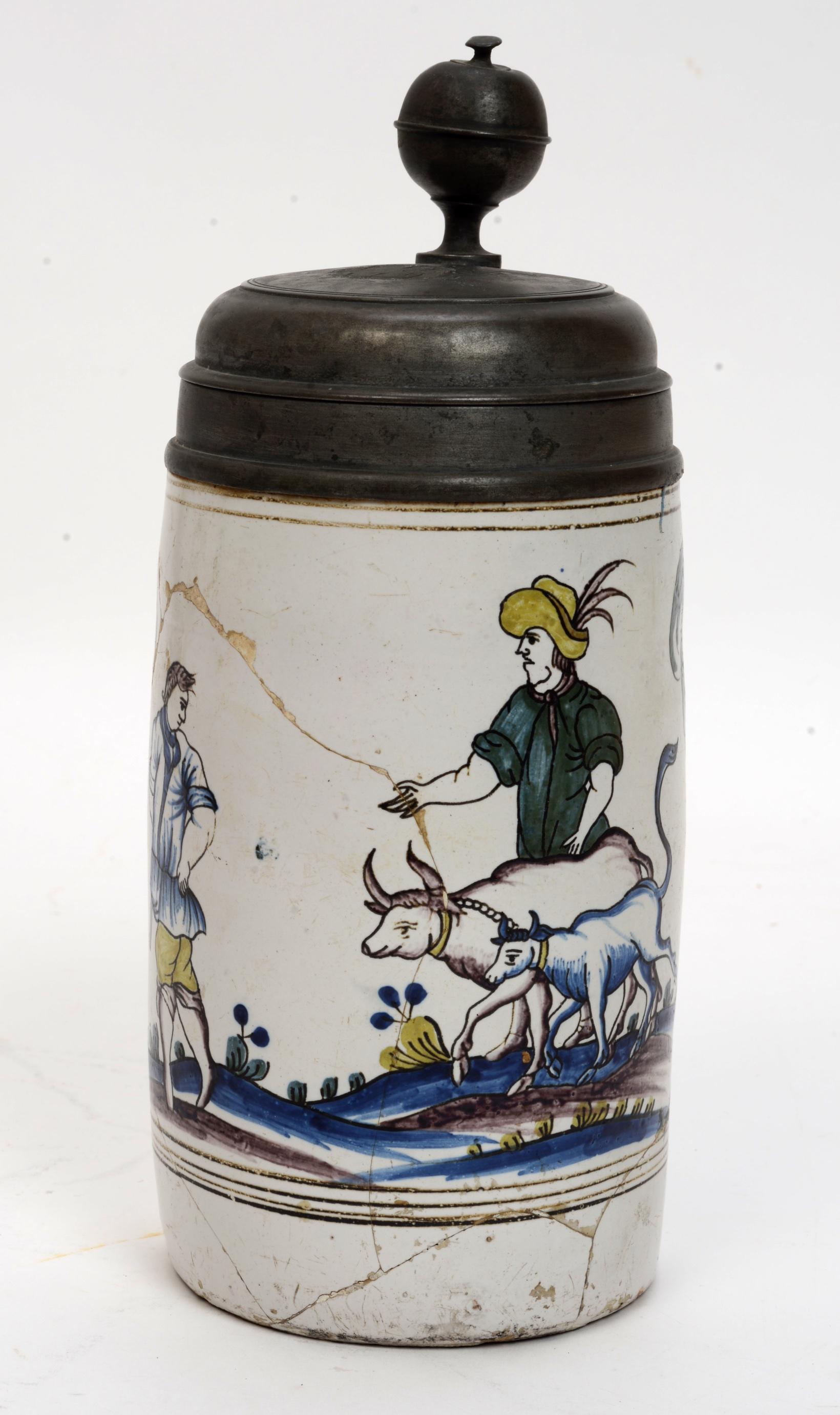 Hand-Painted 18th Century German Pewter Mounted Faience Stein Dated 1794 and Initaled