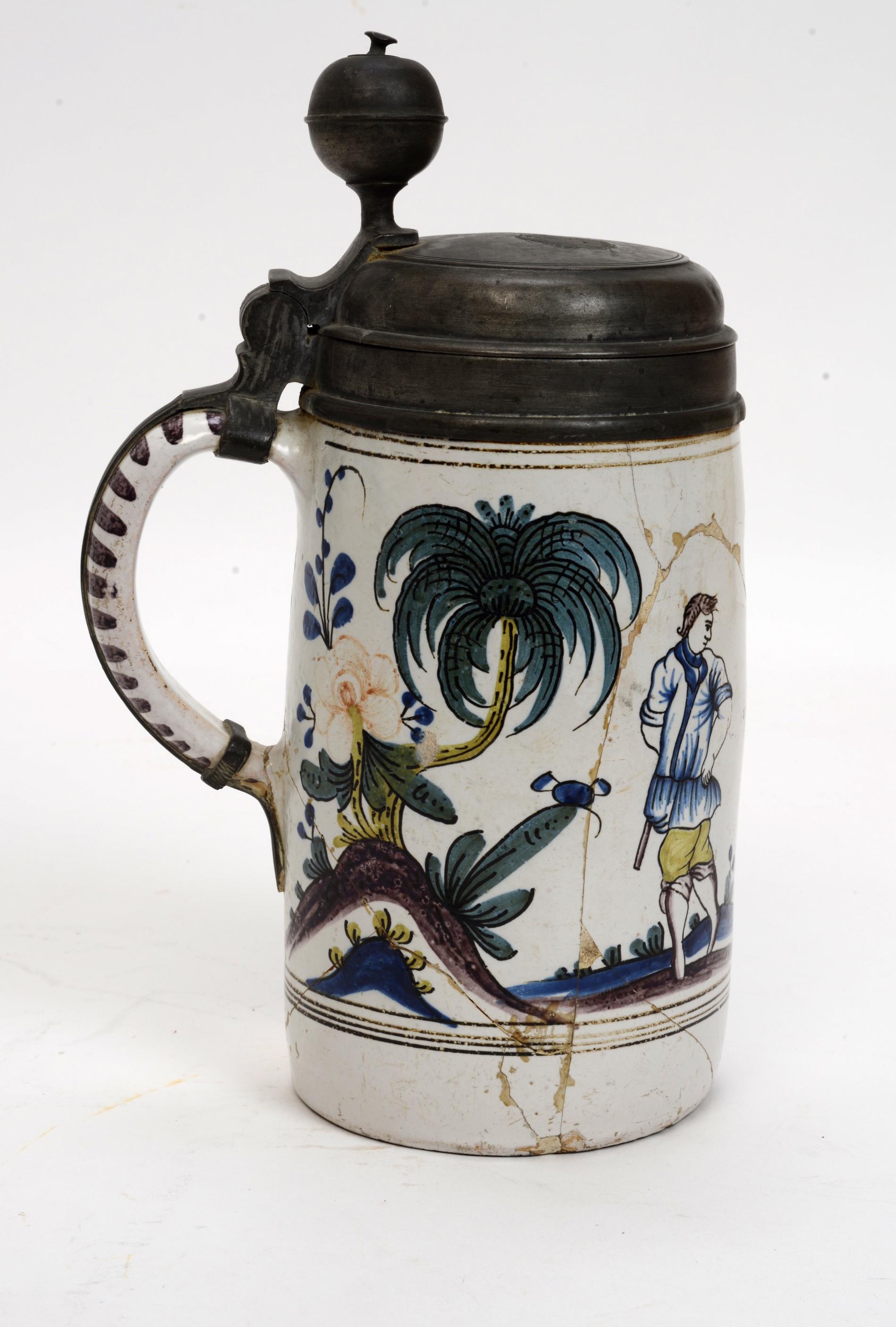 18th Century German Pewter Mounted Faience Stein Dated 1794 and Initaled 5