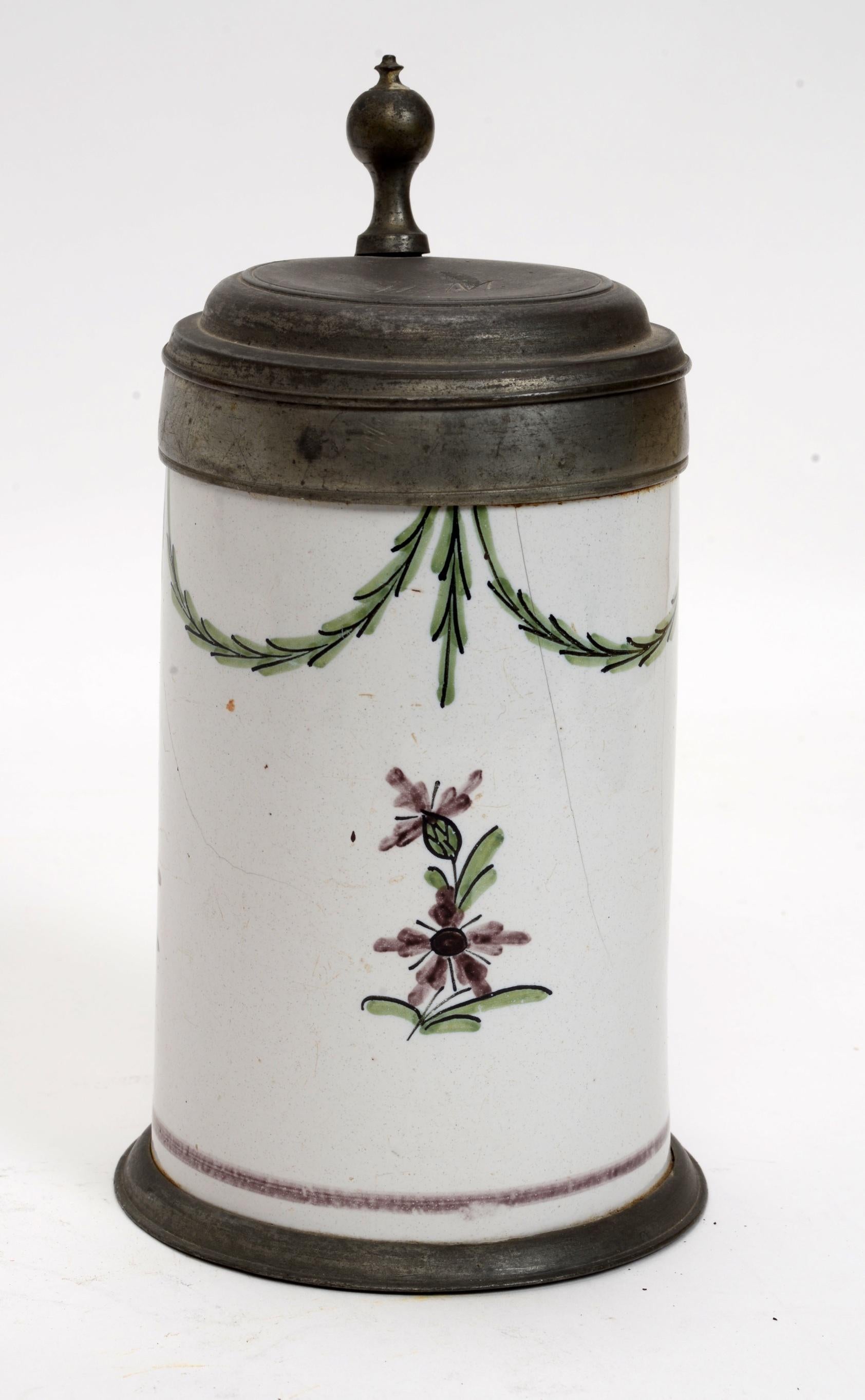 Hand-Painted 18th Century German Pewter Mounted Faience Stein Initialed 