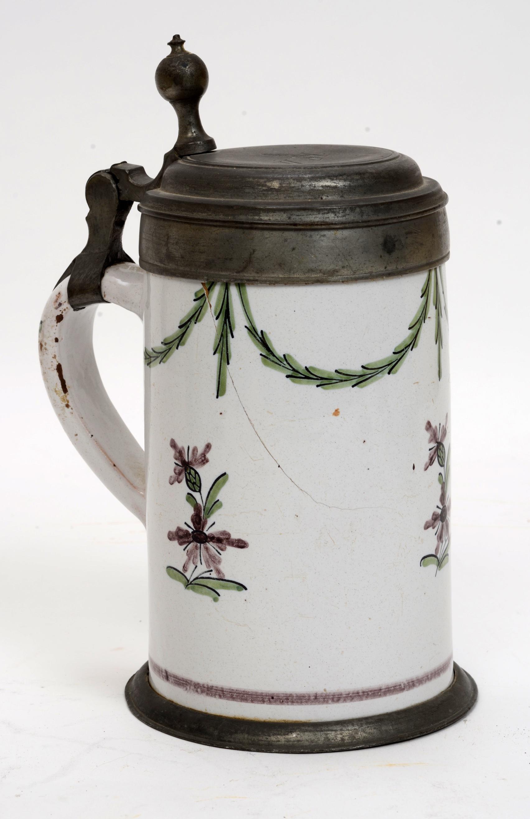 18th Century German Pewter Mounted Faience Stein Initialed 