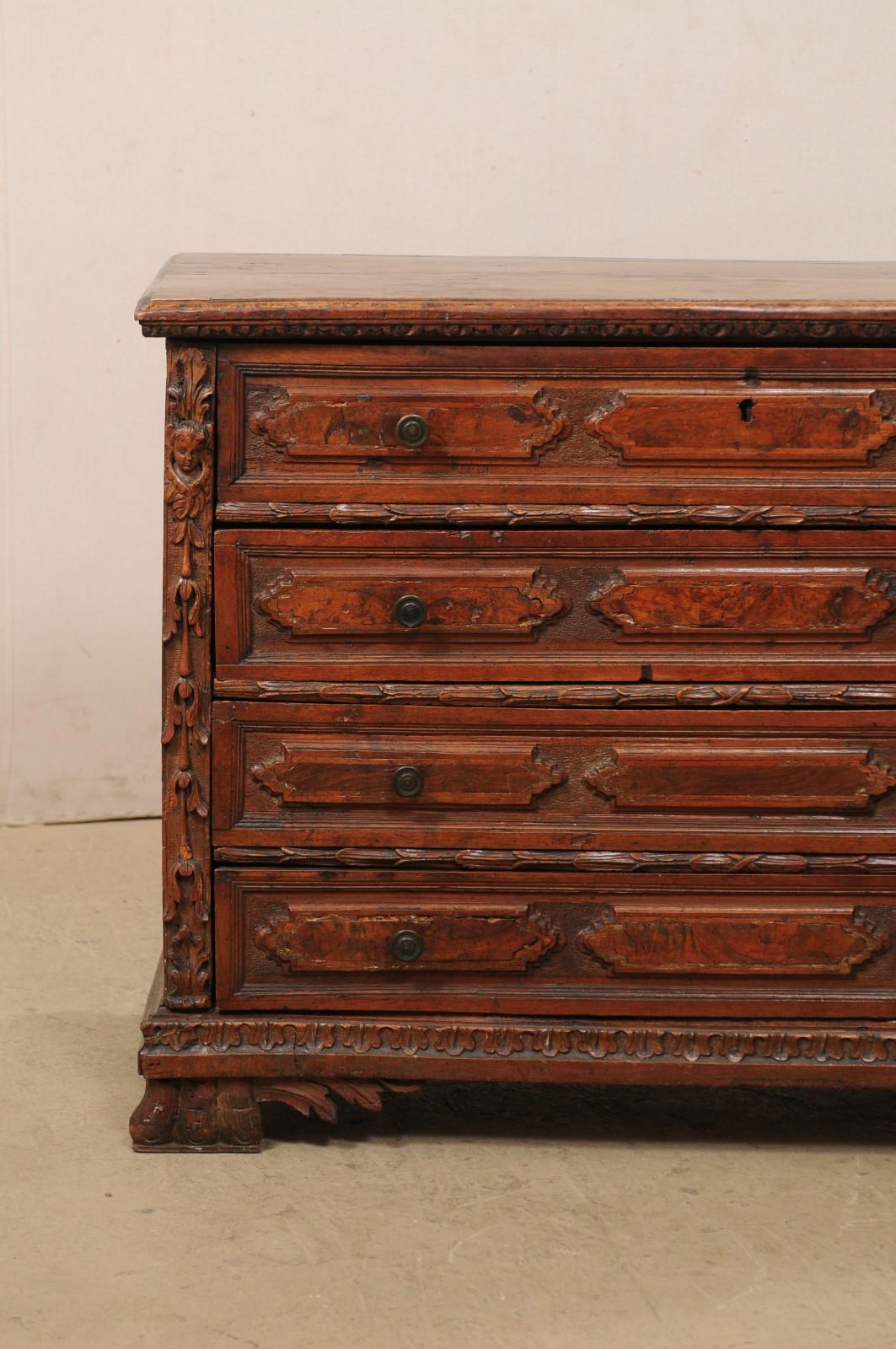Wood 18th Century 4-Drawer Commode with Finely Carved Embellishments and Trimmings For Sale