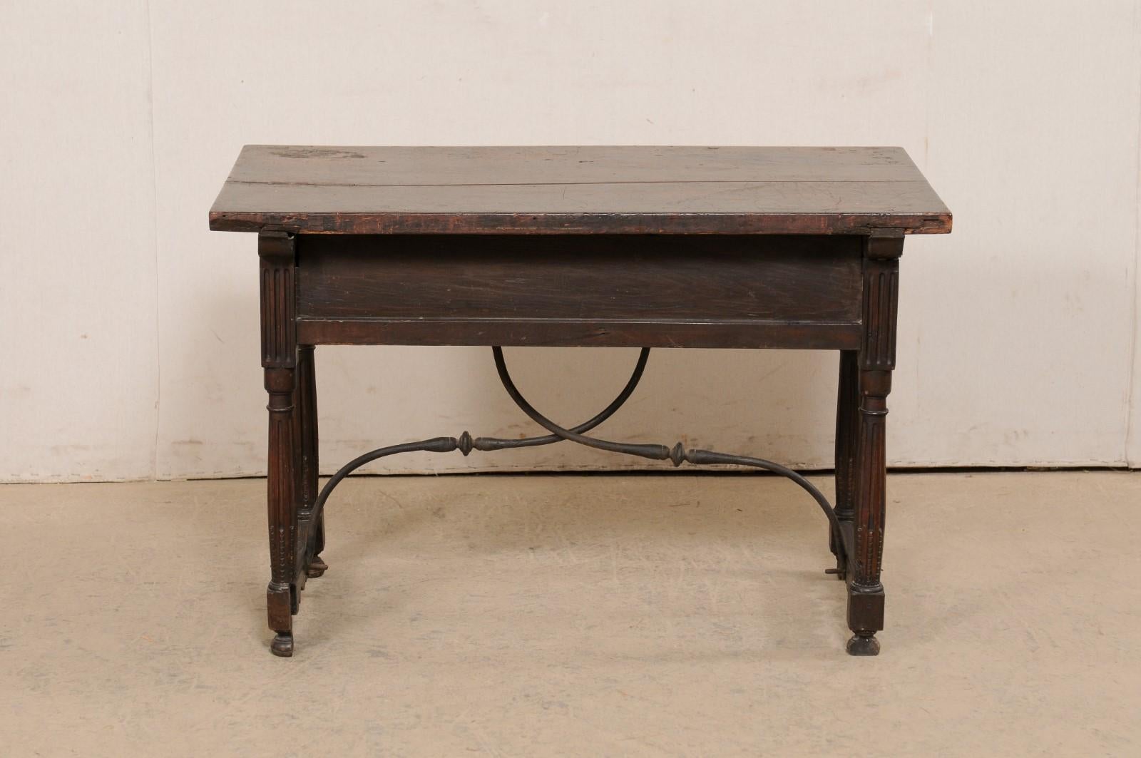 18th C. Italian Walnut Table W/2 Drawers & Decoratively Forged-Iron Stretcher For Sale 6