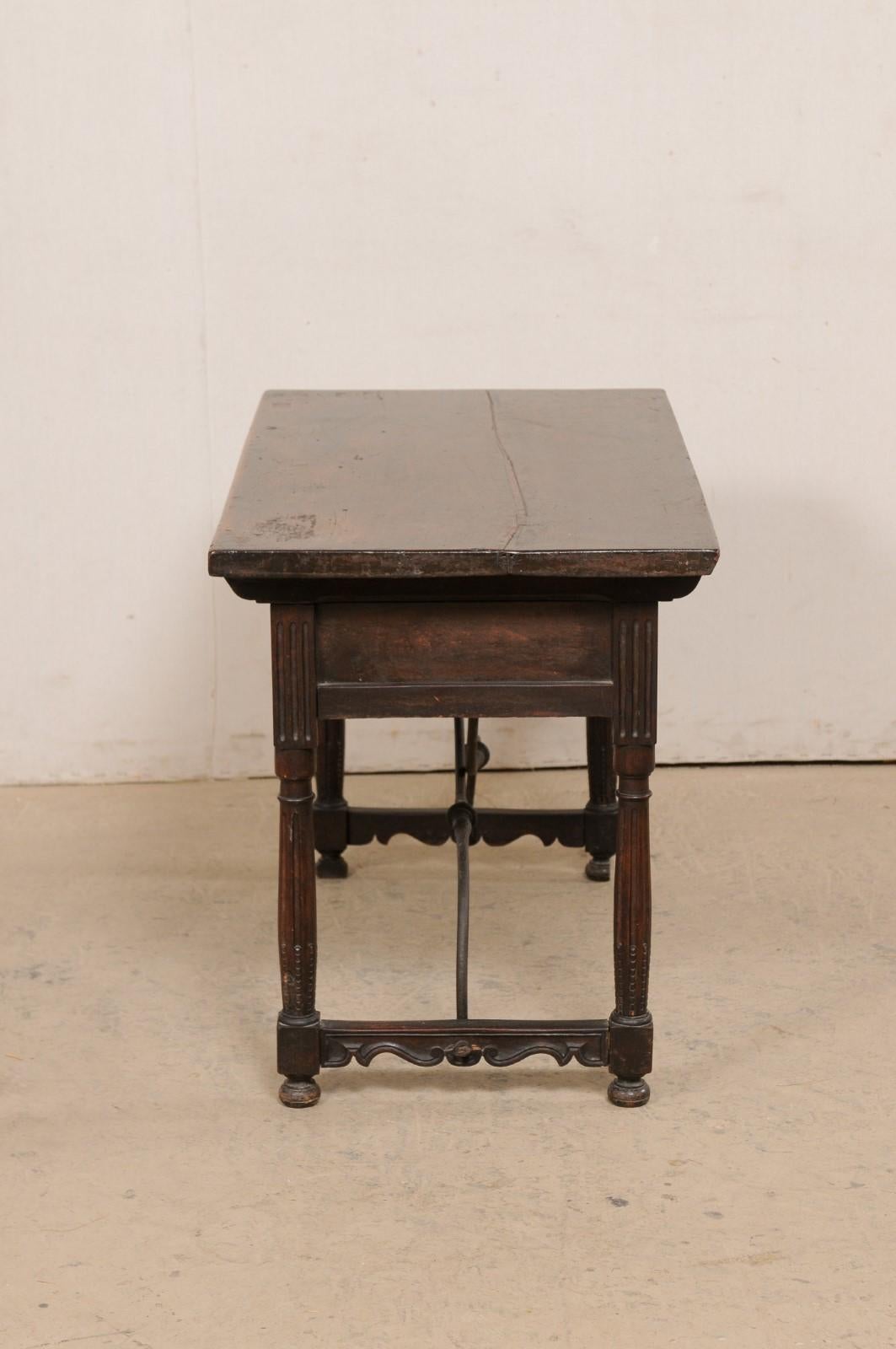 18th C. Italian Walnut Table W/2 Drawers & Decoratively Forged-Iron Stretcher For Sale 7
