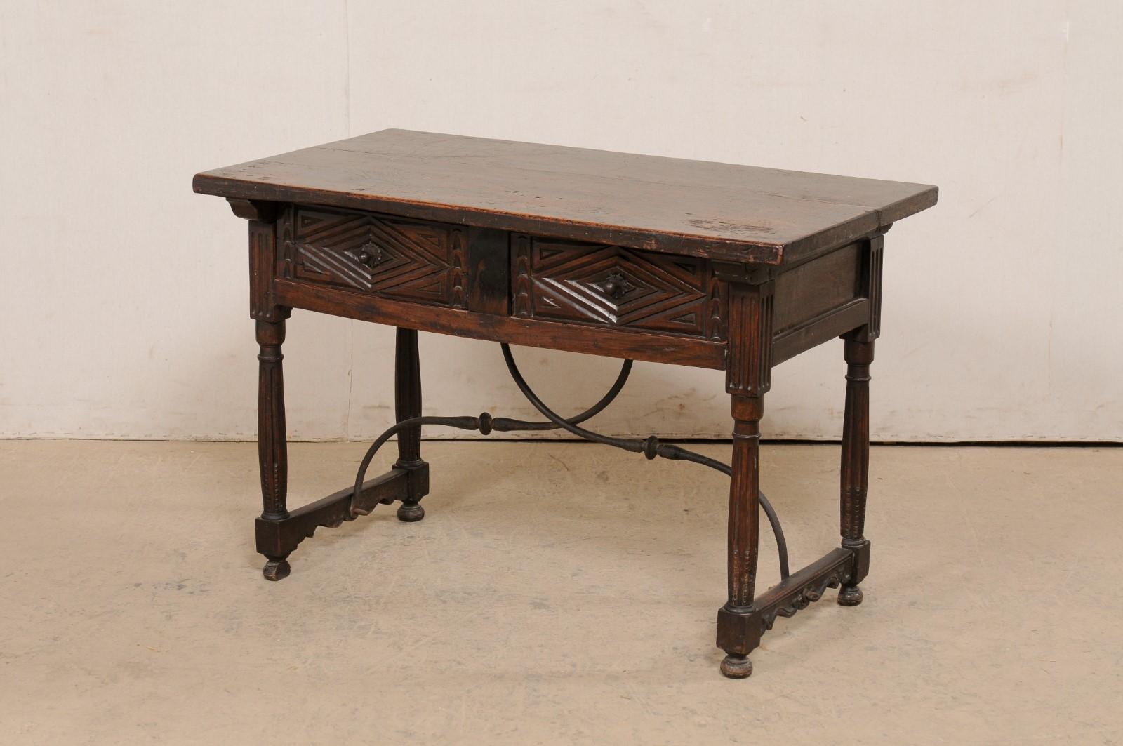 18th C. Italian Walnut Table W/2 Drawers & Decoratively Forged-Iron Stretcher For Sale 8