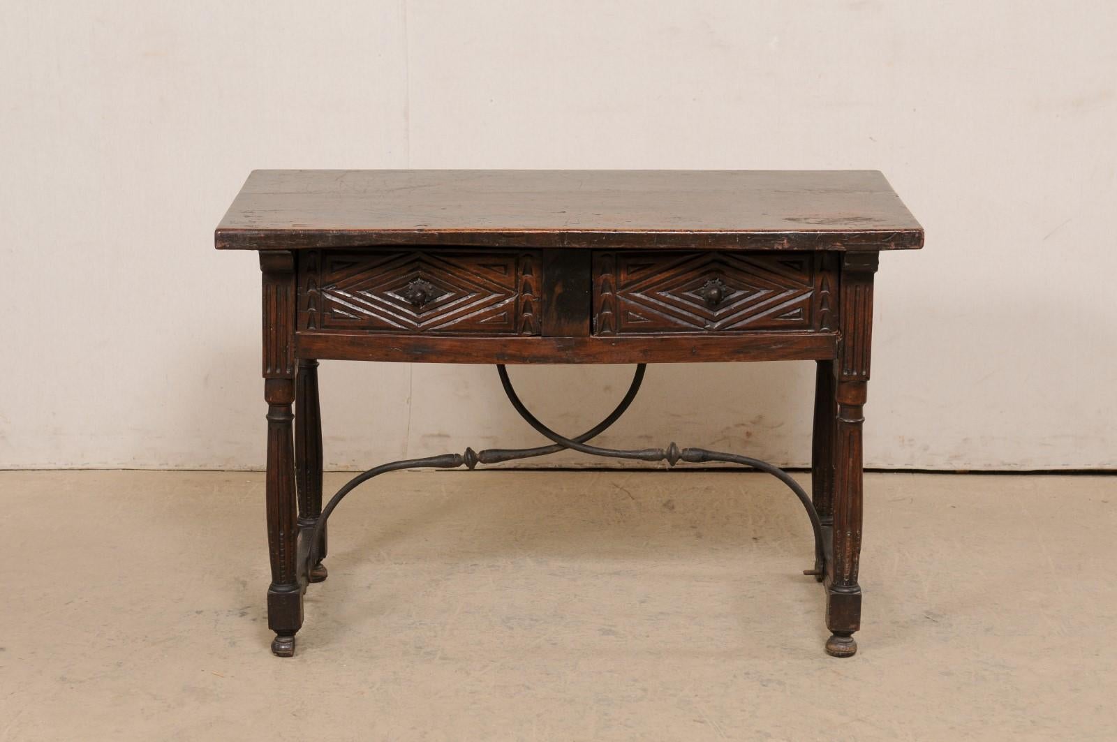 18th C. Italian Walnut Table W/2 Drawers & Decoratively Forged-Iron Stretcher In Good Condition For Sale In Atlanta, GA