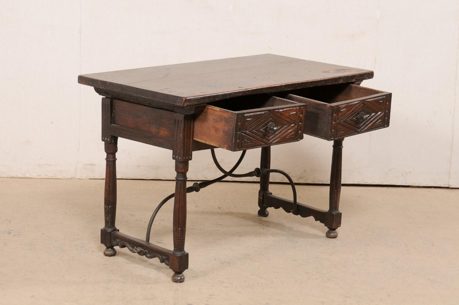 18th Century and Earlier 18th C. Italian Walnut Table W/2 Drawers & Decoratively Forged-Iron Stretcher For Sale