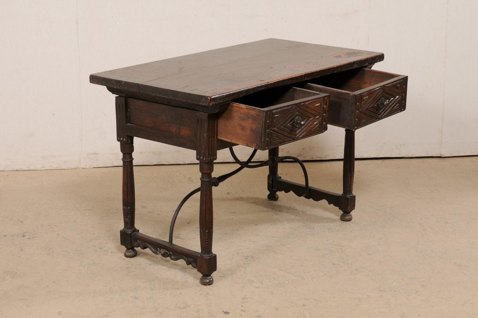 18th C. Italian Walnut Table W/2 Drawers & Decoratively Forged-Iron Stretcher For Sale 1