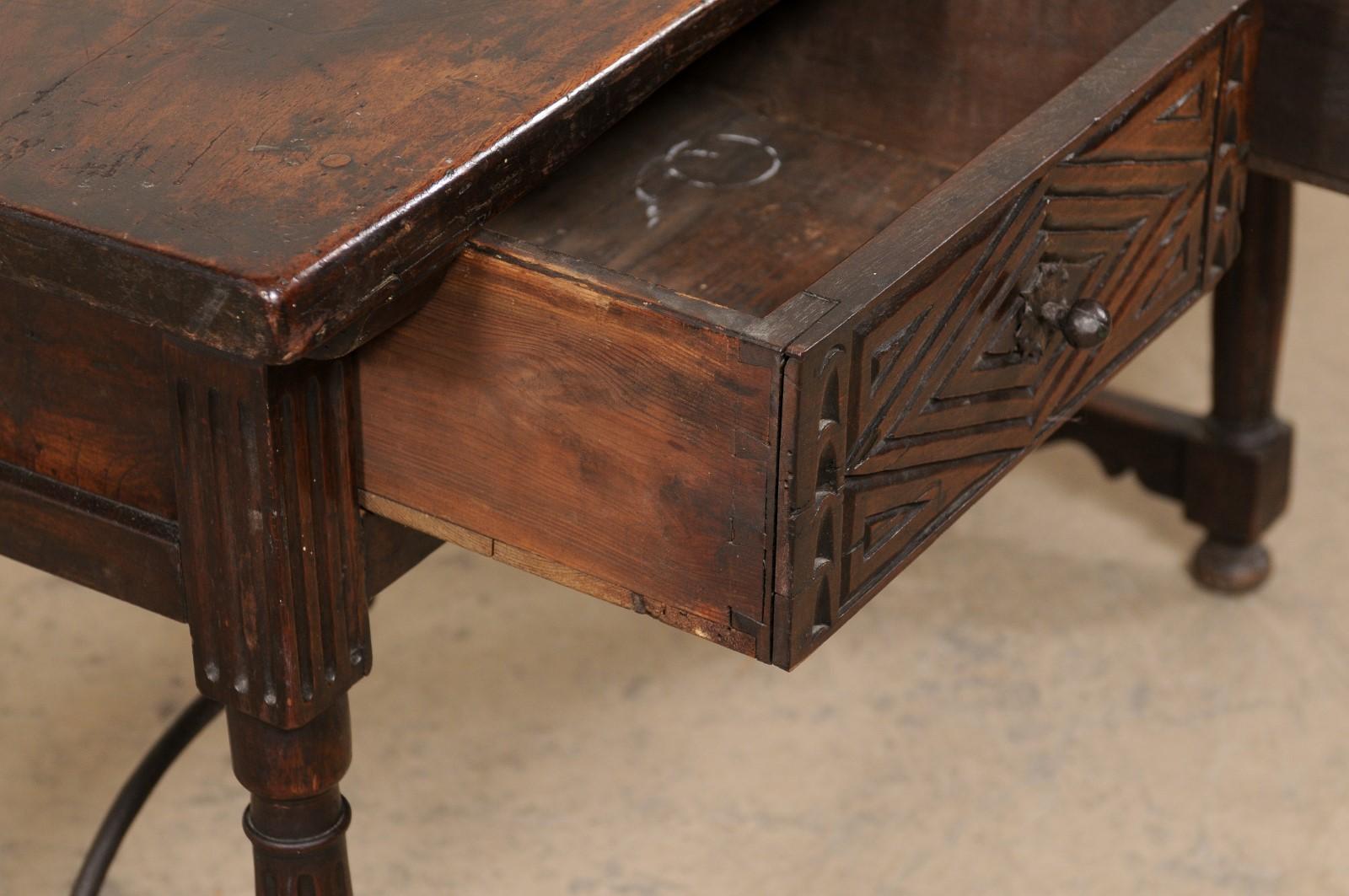 18th C. Italian Walnut Table W/2 Drawers & Decoratively Forged-Iron Stretcher For Sale 2
