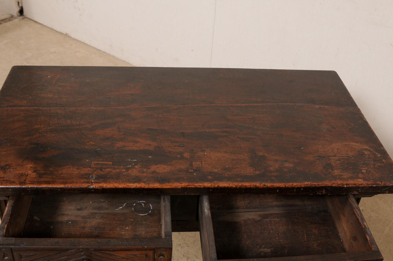 18th C. Italian Walnut Table W/2 Drawers & Decoratively Forged-Iron Stretcher For Sale 3