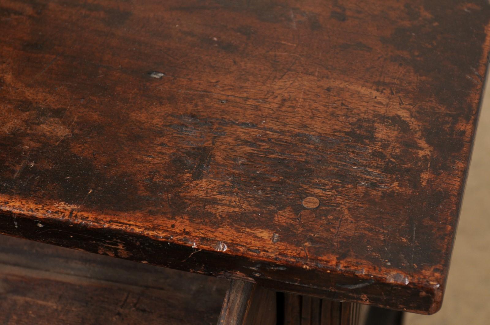 18th C. Italian Walnut Table W/2 Drawers & Decoratively Forged-Iron Stretcher For Sale 4