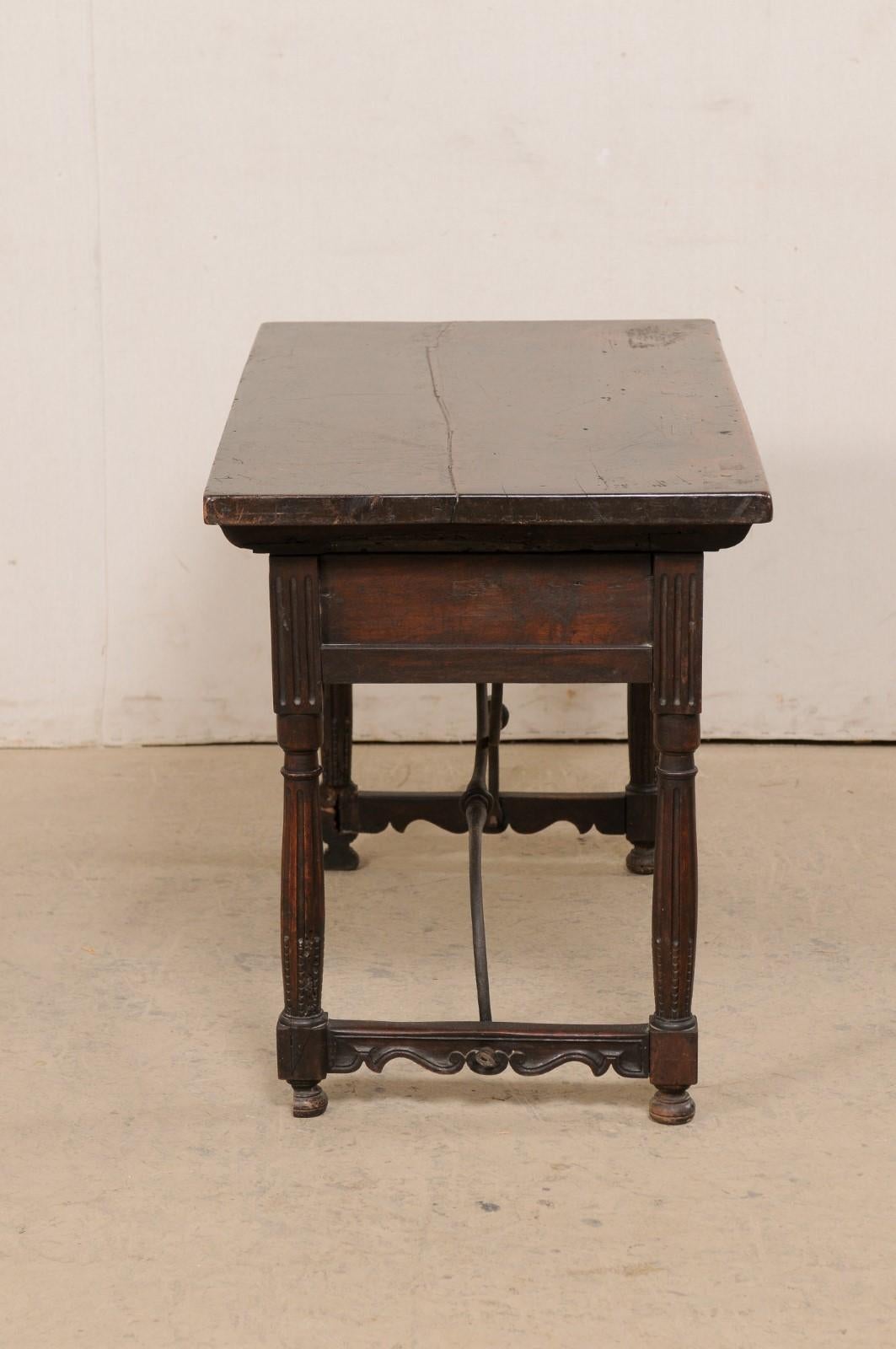 18th C. Italian Walnut Table W/2 Drawers & Decoratively Forged-Iron Stretcher For Sale 5