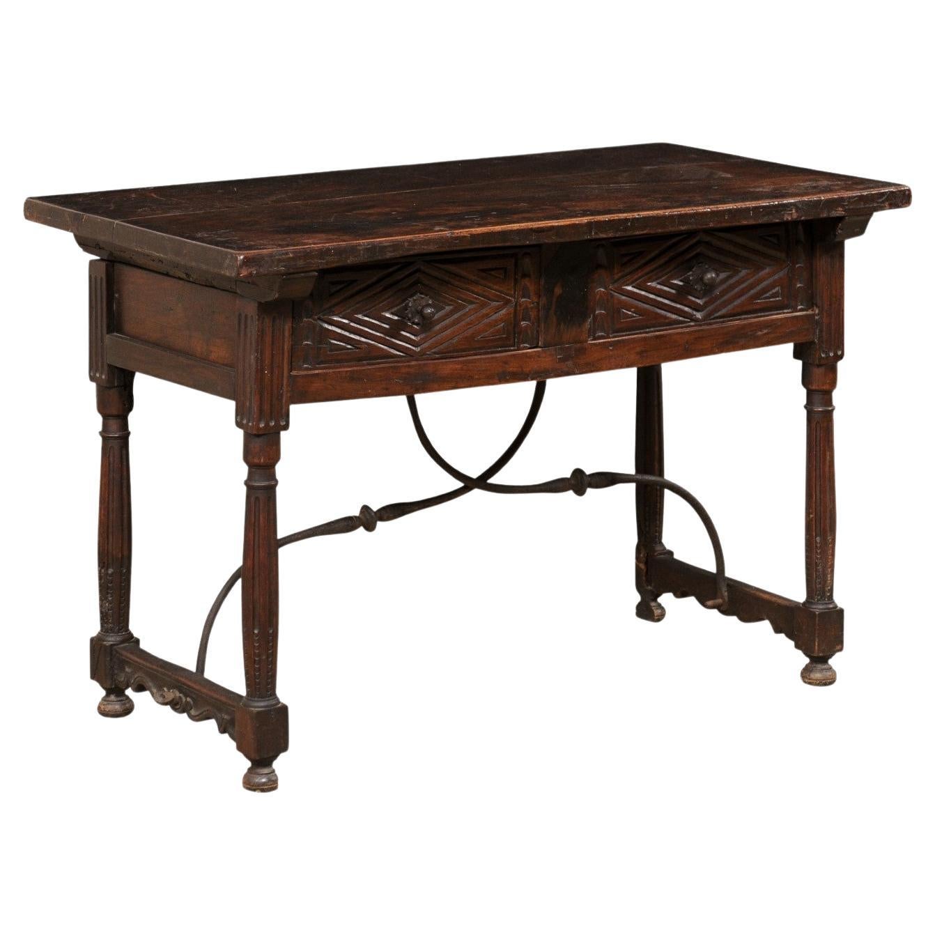 18th C. Italian Walnut Table W/2 Drawers & Decoratively Forged-Iron Stretcher For Sale