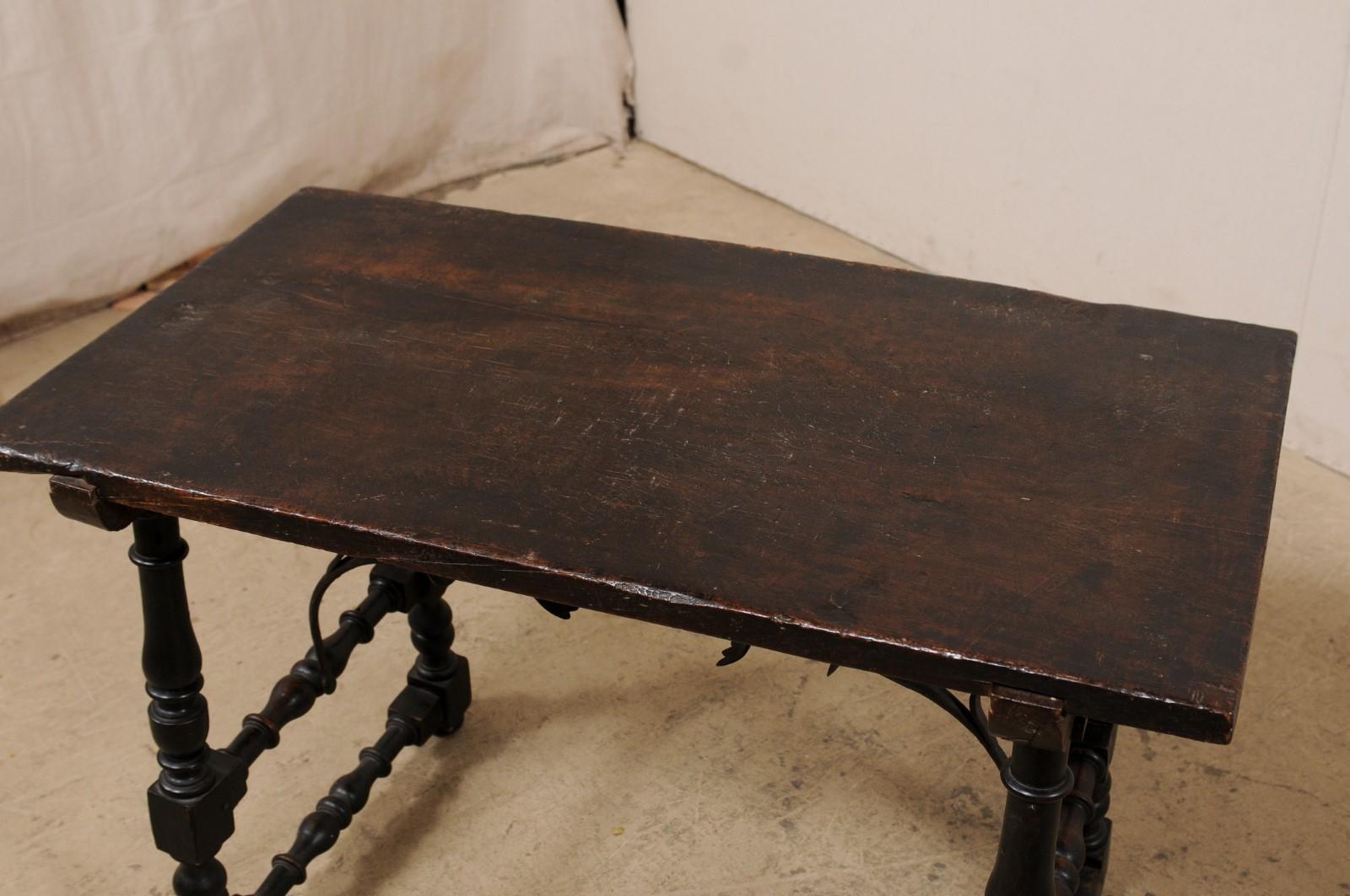 18th c. Italian Wood Table w/ Turned Trestle Legs & Forged Iron Stretcher In Good Condition For Sale In Atlanta, GA