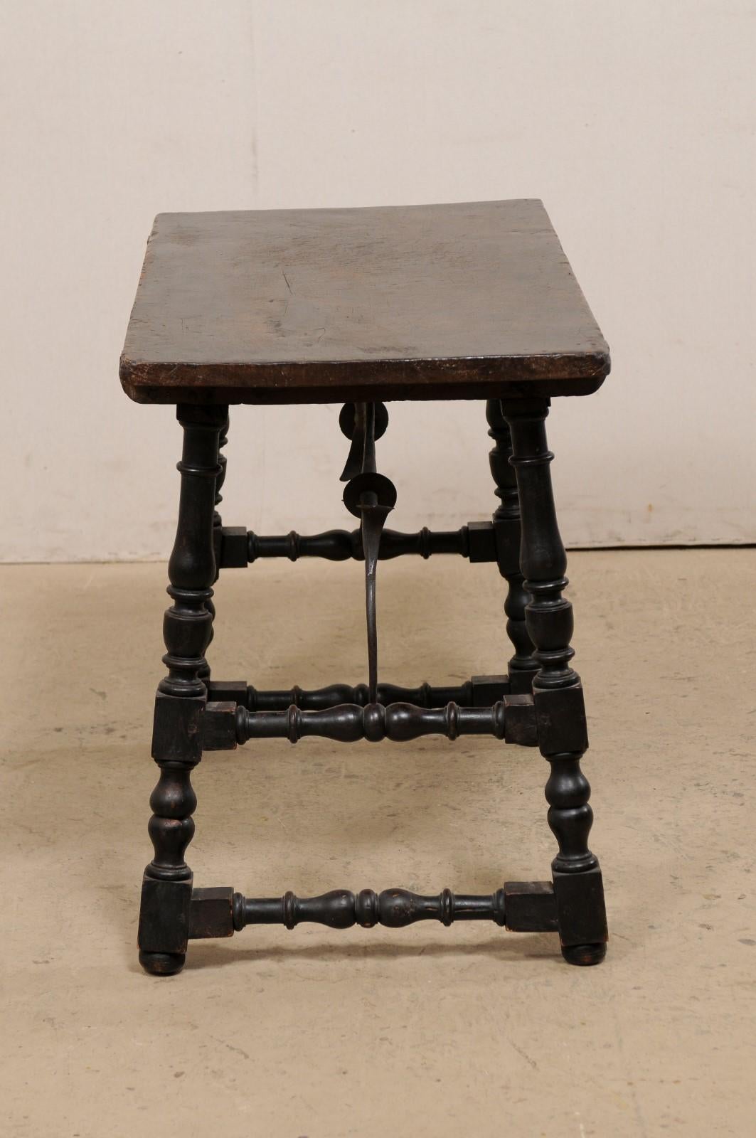 18th Century and Earlier 18th c. Italian Wood Table w/ Turned Trestle Legs & Forged Iron Stretcher For Sale