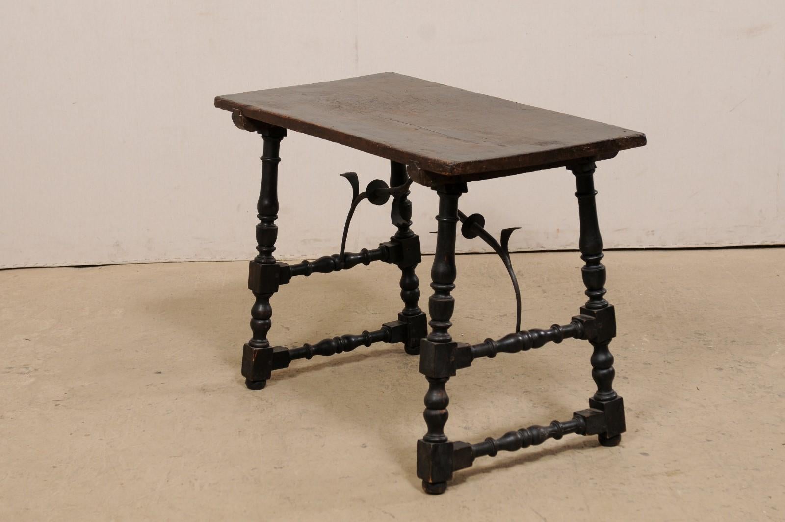 18th c. Italian Wood Table w/ Turned Trestle Legs & Forged Iron Stretcher For Sale 1