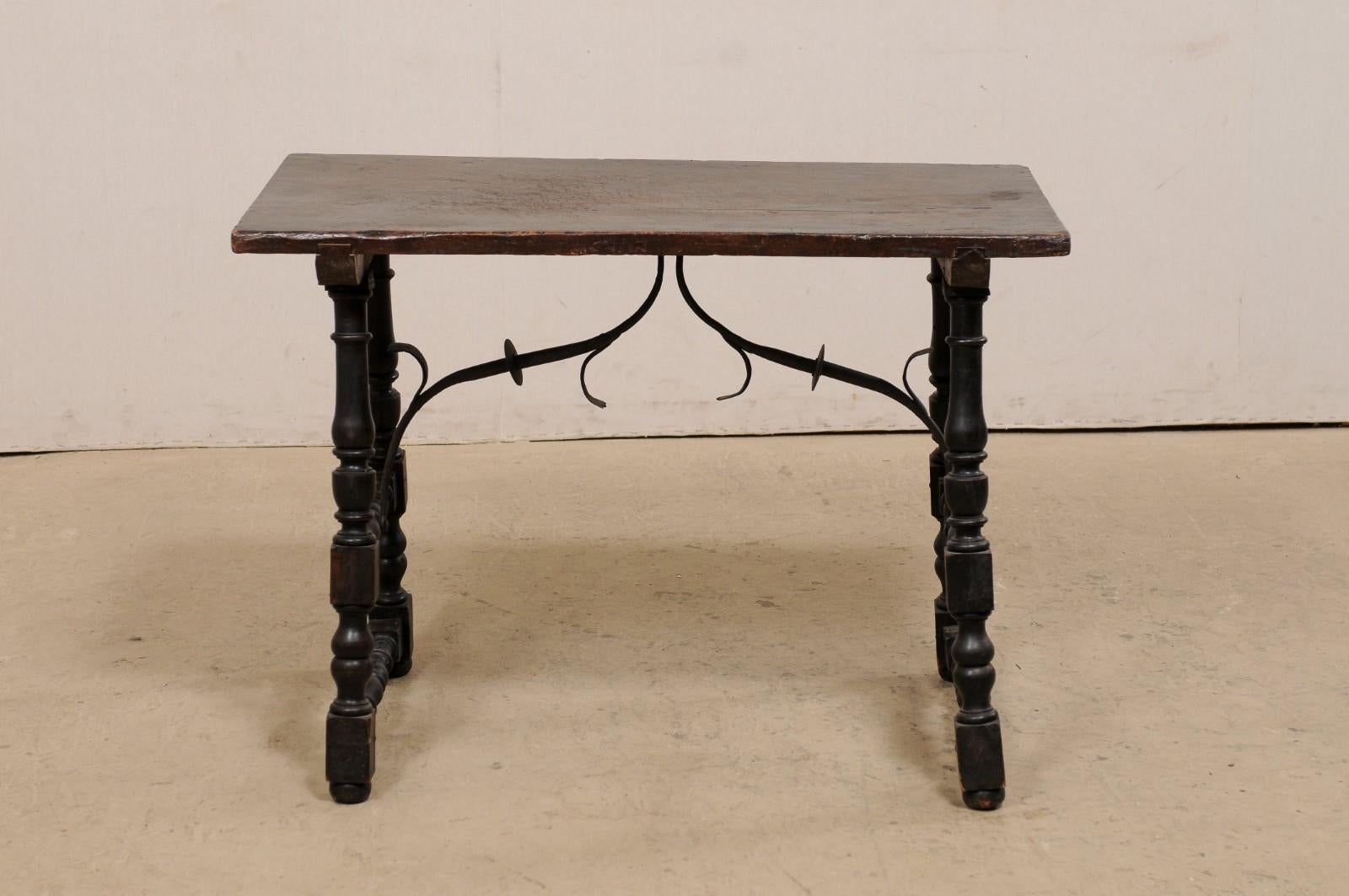 18th c. Italian Wood Table w/ Turned Trestle Legs & Forged Iron Stretcher For Sale 2