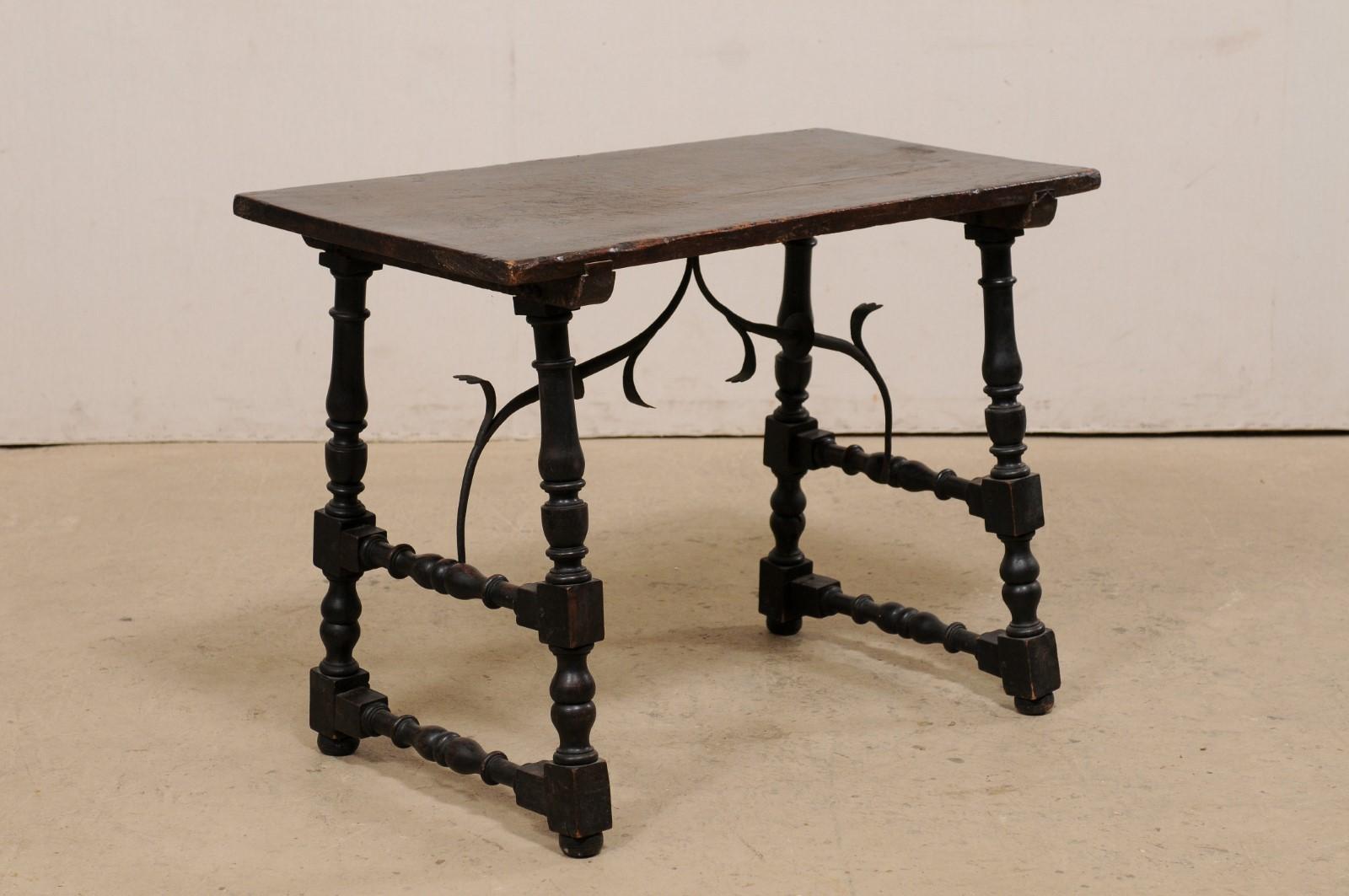 18th c. Italian Wood Table w/ Turned Trestle Legs & Forged Iron Stretcher For Sale 3