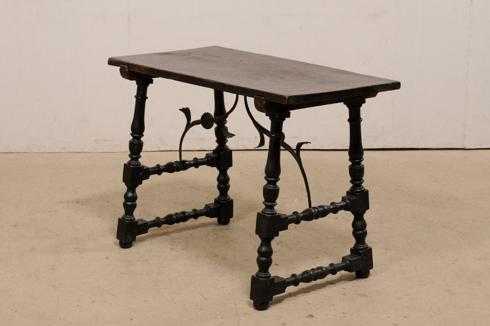 18th c. Italian Wood Table w/ Turned Trestle Legs & Forged Iron Stretcher For Sale 5