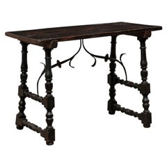 18th c. Italian Wood Table w/ Turned Trestle Legs & Forged Iron Stretcher