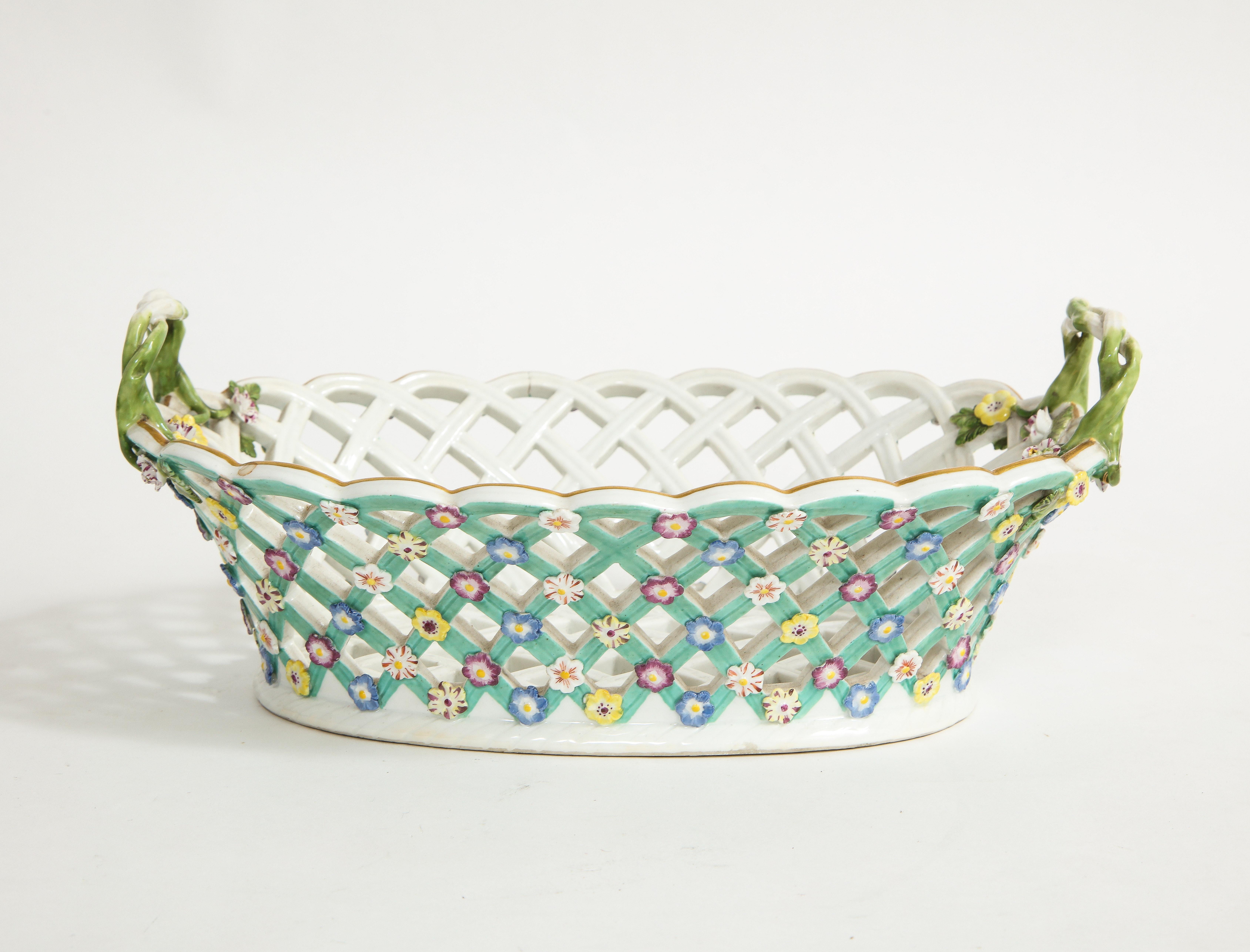 An incredible 18th century Meissen Porcelain lattice filigree reticulated basket with vine handles and encrusted flowers. This piece is very rare, especially in this condition with hand-painted applied flowers and turquoise blue on the exterior of