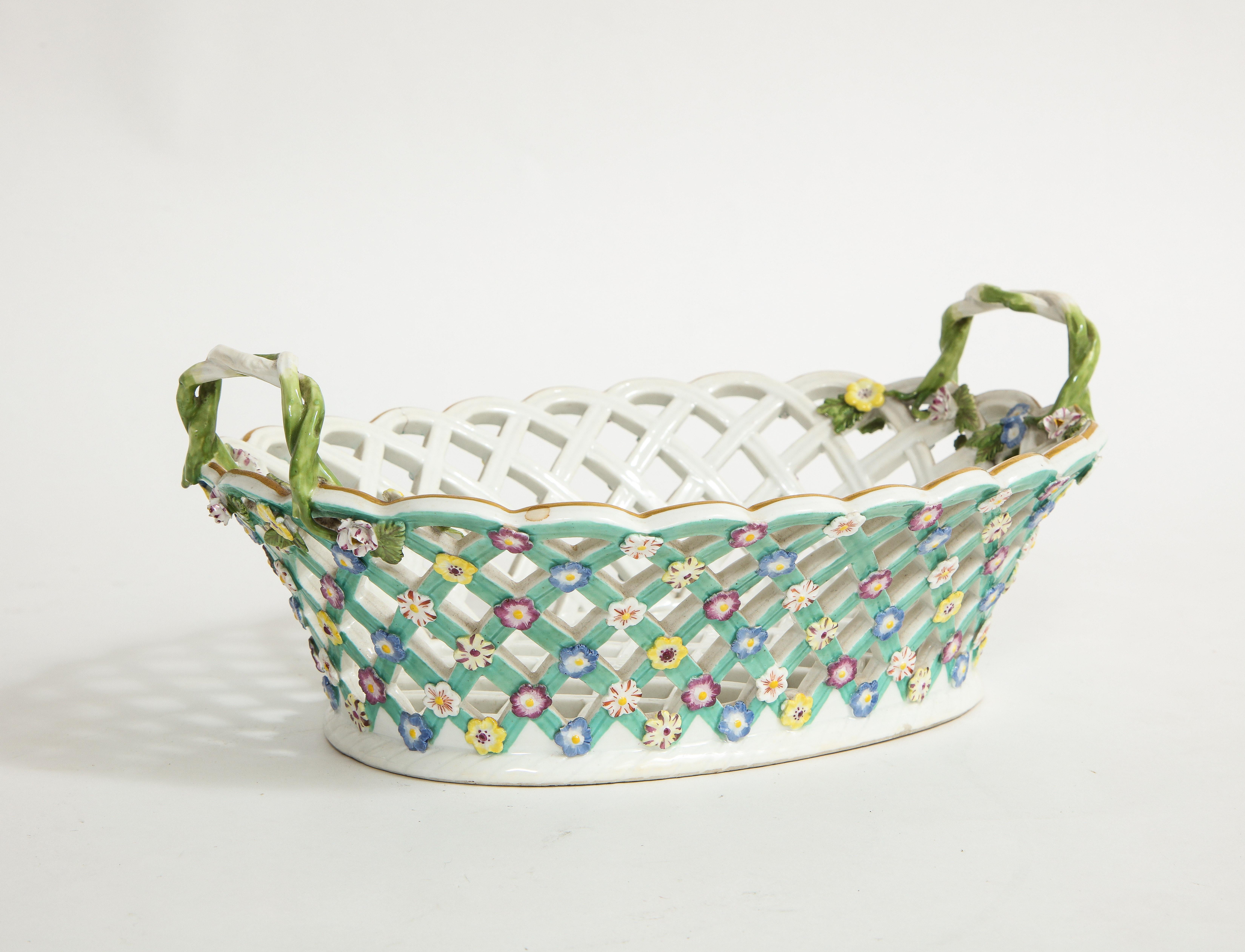 Louis XVI 18th C. Meissen Porcelain Lattice Filigree Reticulated Basket w/ Vine Handles For Sale
