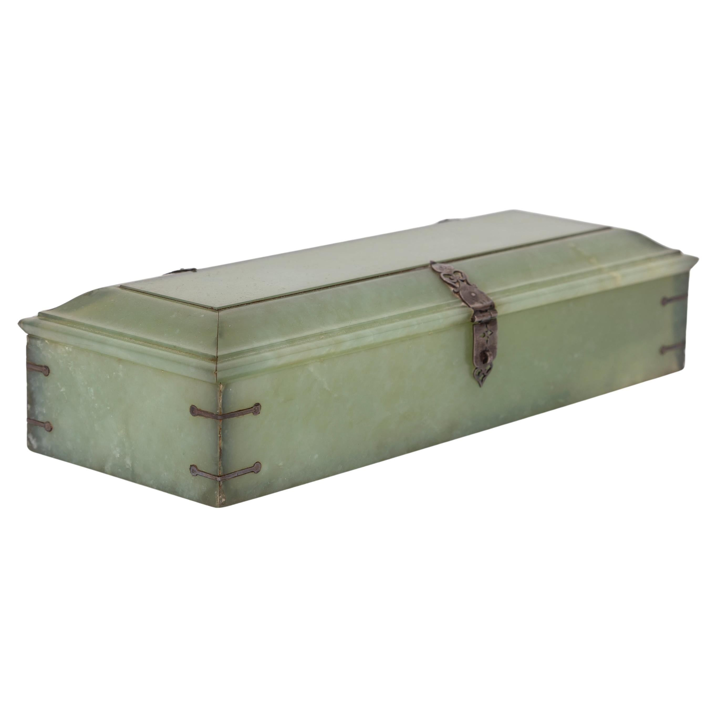 An 18th C. Silver Mounted Mughal Hand-Carved and Beveled Rectangular Jade Box