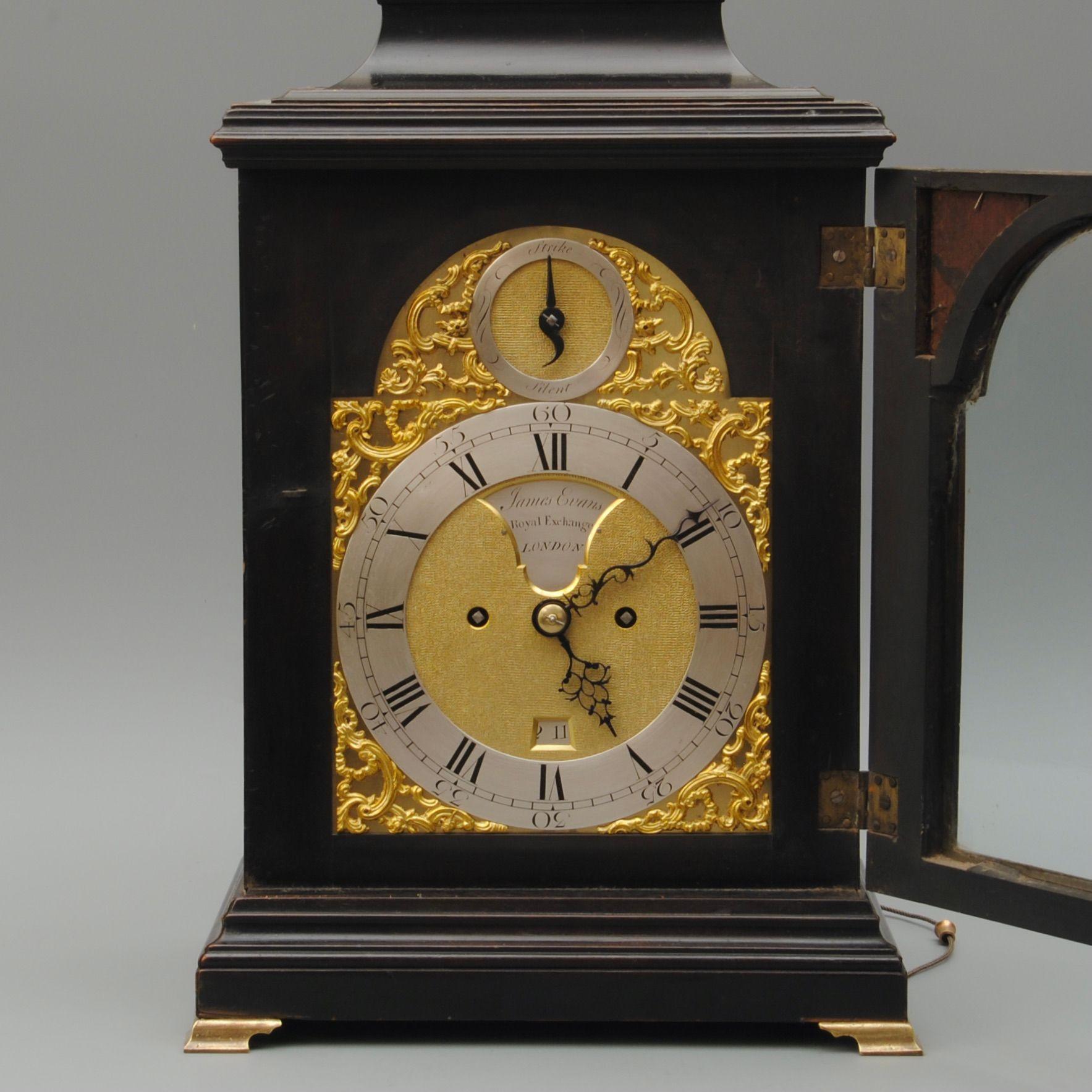 An elegant 18th century 8 day verge bracket clock in ebonised case by James Evans London. 
The back plate beautifully engraved.
The movement has been fully cleaned and comes with a 12 month warrantee.
Circa 1770.