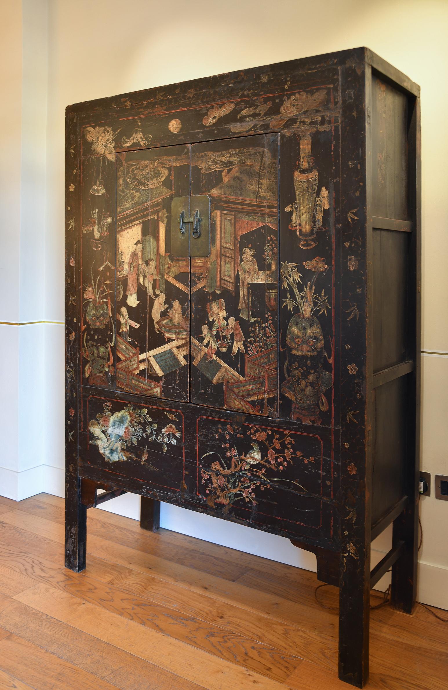 18th Century and Earlier 18th Century Black Lacquer Chinese Cabinet