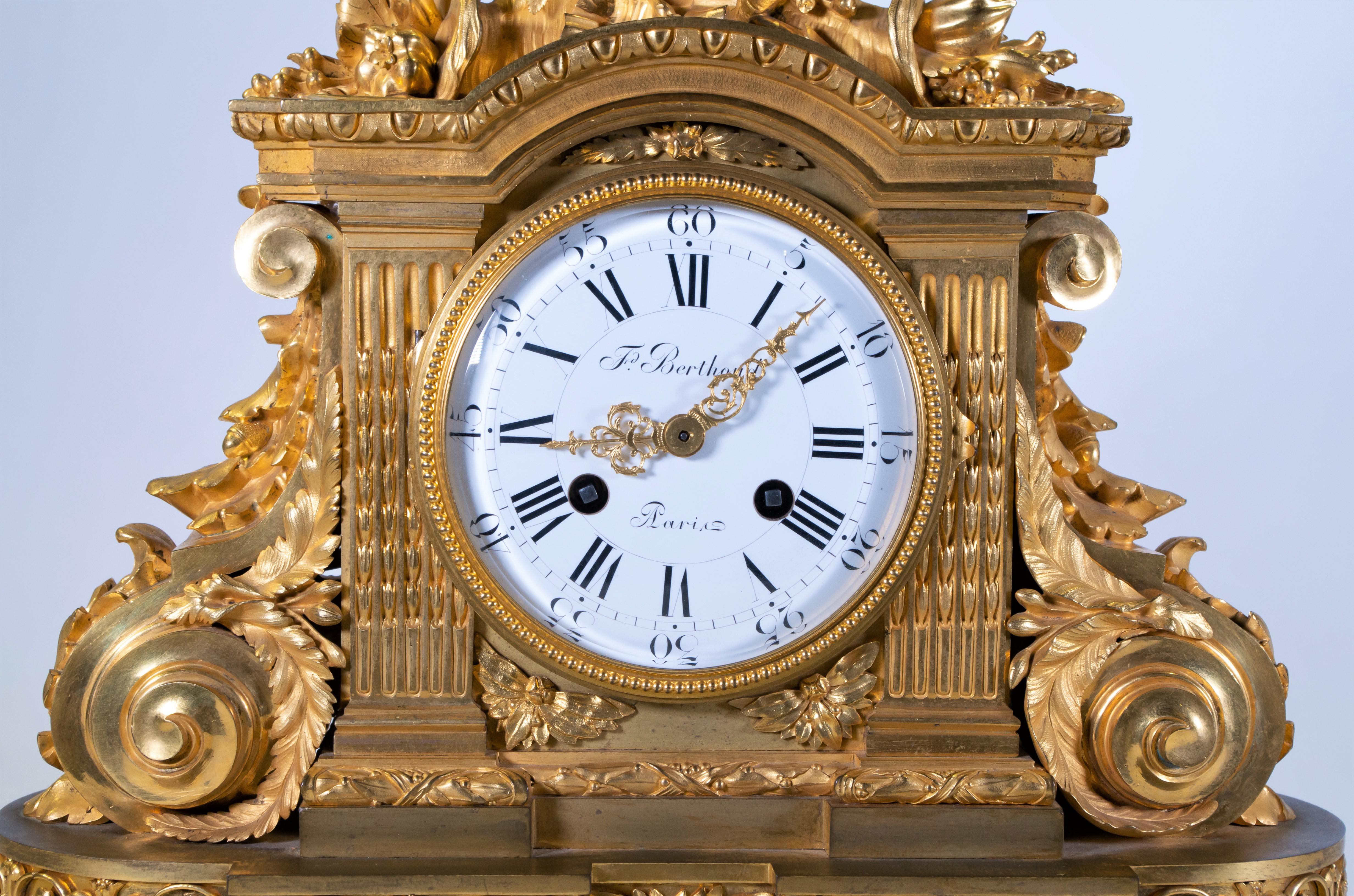 A fabulous and quite important 18th century Louis XVI period Carrara marble and dore bronze mantle clock, signed F. Berthoud, Paris. The body of the clock is exceptionally cast and further hand-chiseled, chased, matted, and burnished in two-tone