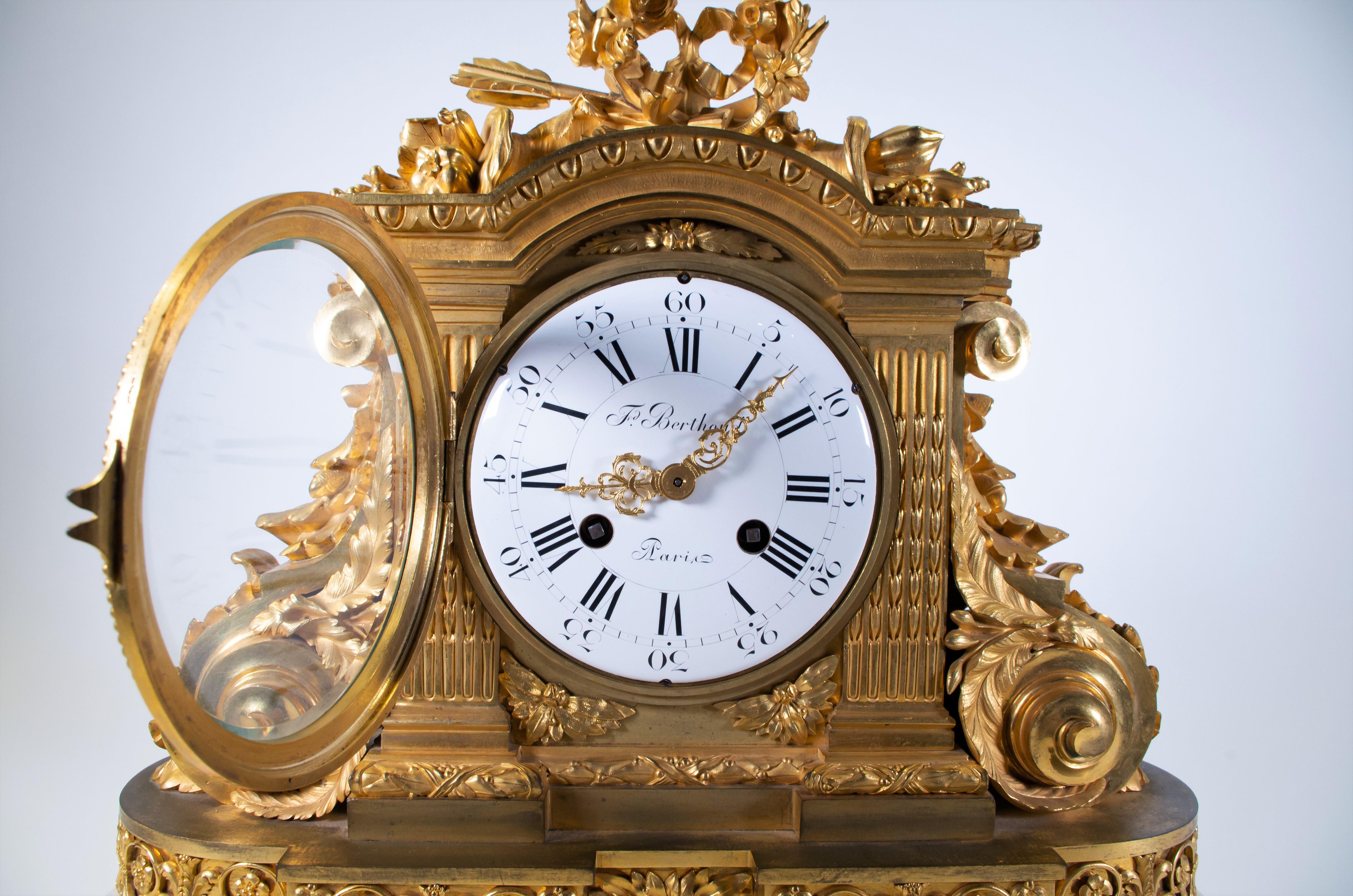 Louis XVI 18th Century Carrara Marble and Dore Bronze Mantle Clock, F. Berthoud For Sale