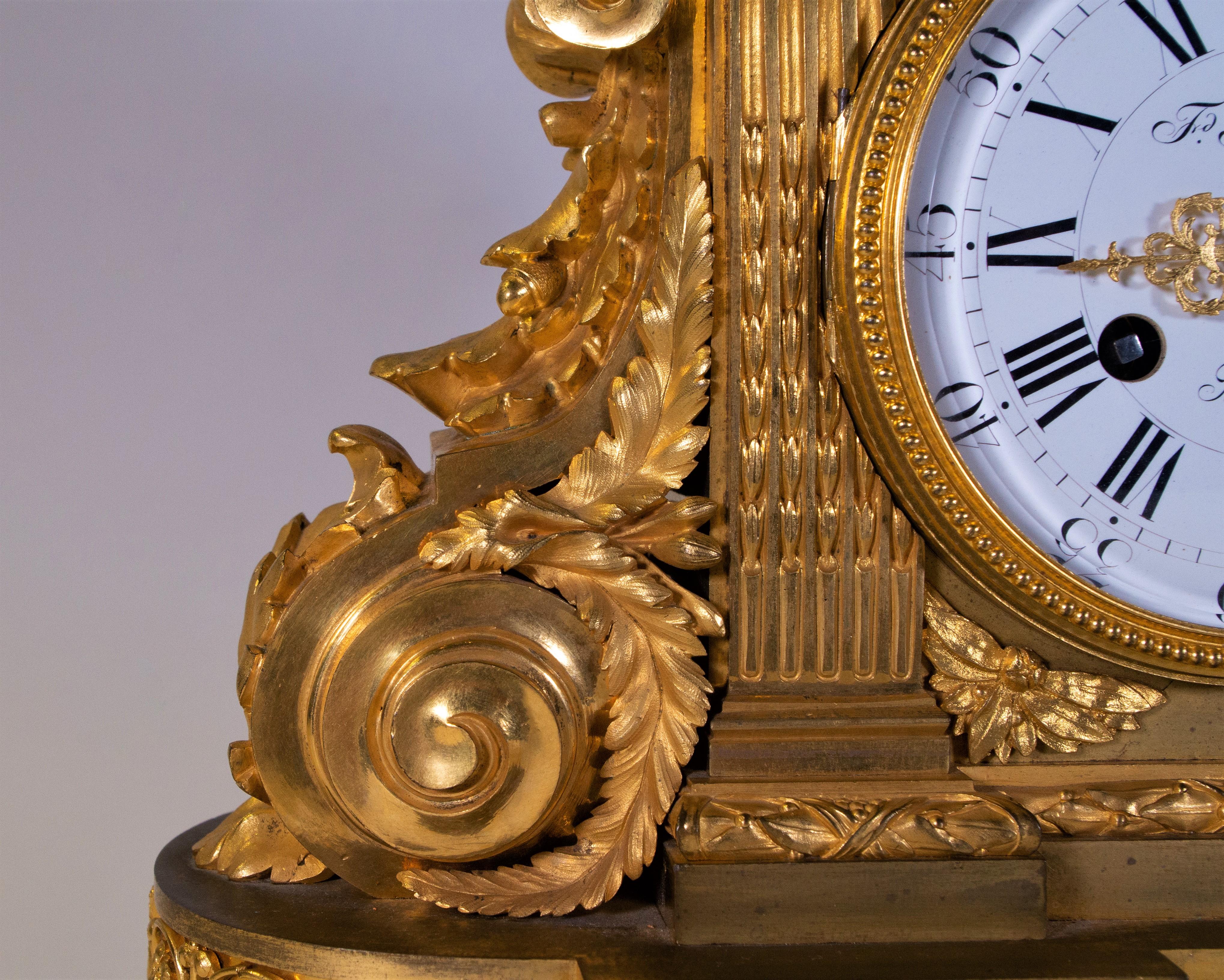 Hand-Carved 18th Century Carrara Marble and Dore Bronze Mantle Clock, F. Berthoud For Sale