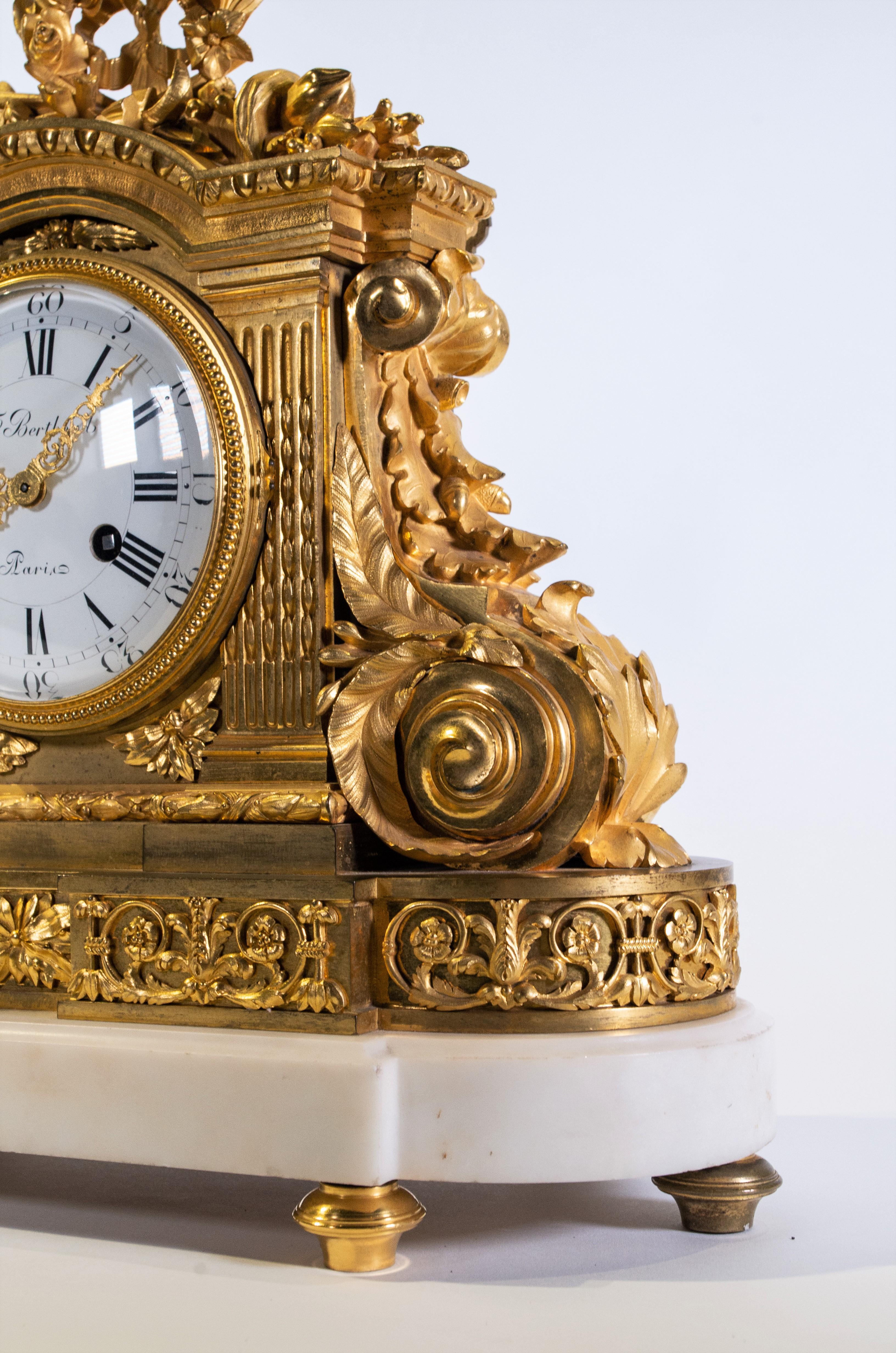 18th Century Carrara Marble and Dore Bronze Mantle Clock, F. Berthoud In Good Condition For Sale In New York, NY