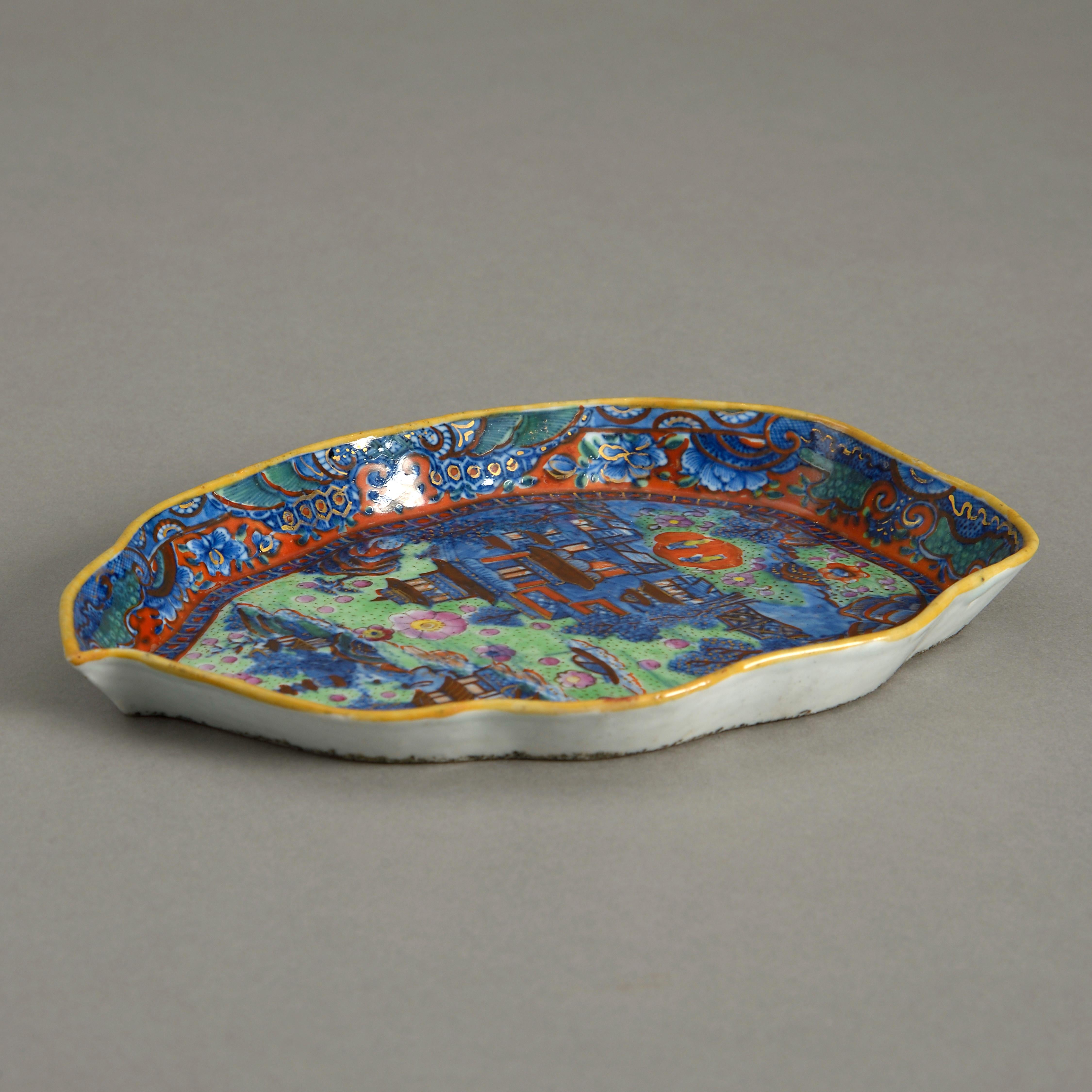 Chinese An 18th Century Clobbered Porcelain Leaf Dish