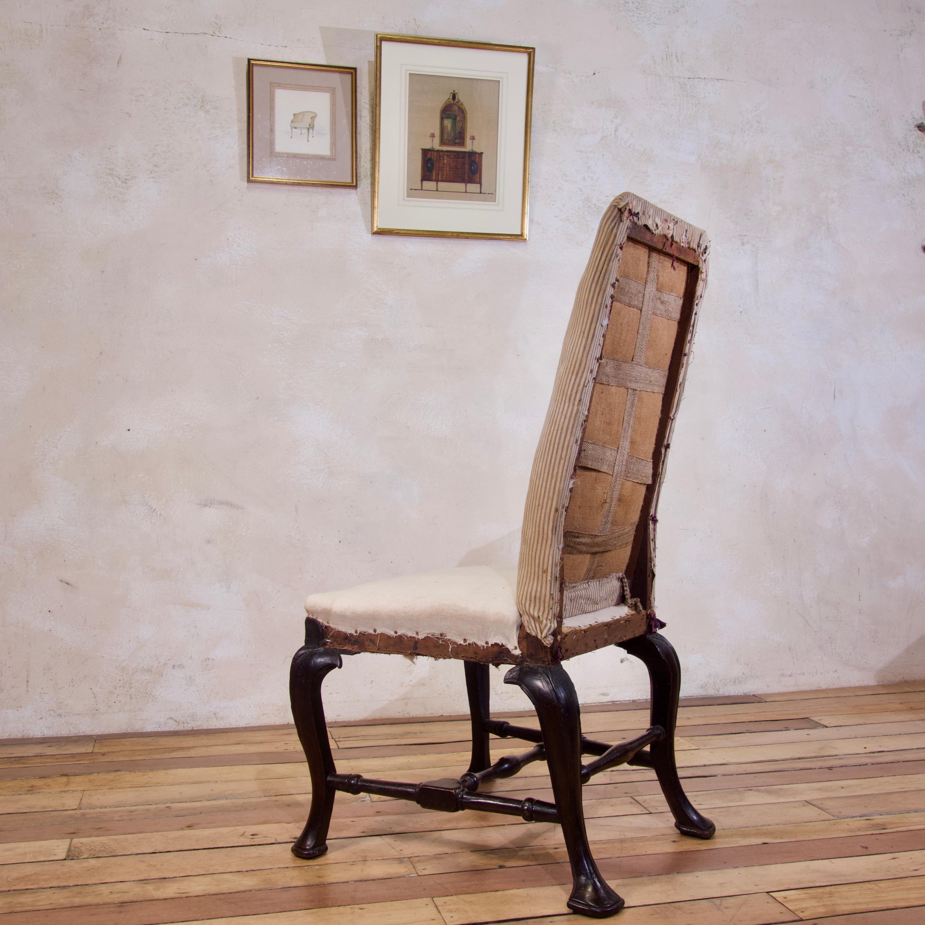 18th Century Ebonized and Upholstered Queen Anne Side Chair, High Back 1