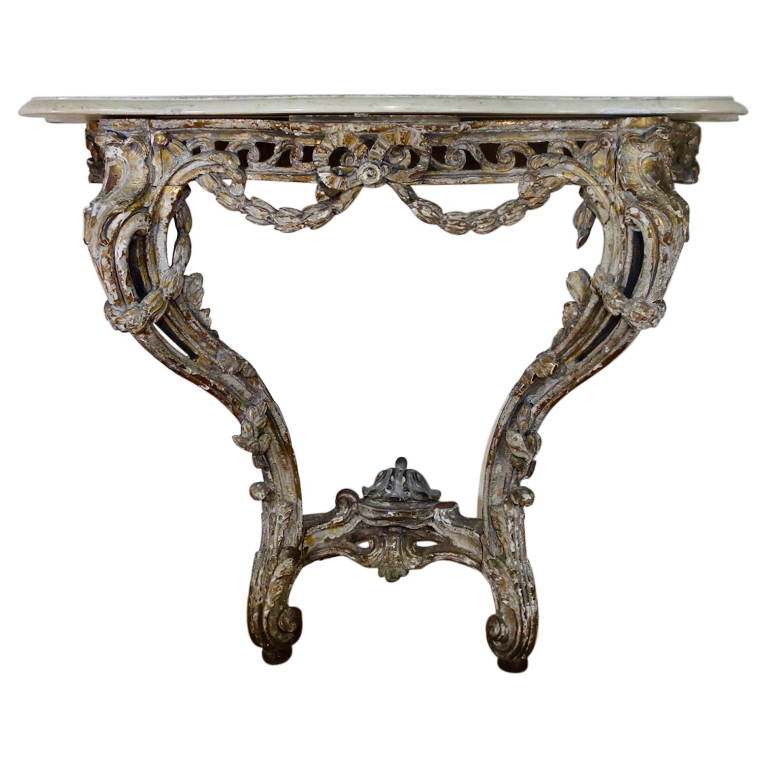 18th Century French Marble-Top Original Painted Console Table 