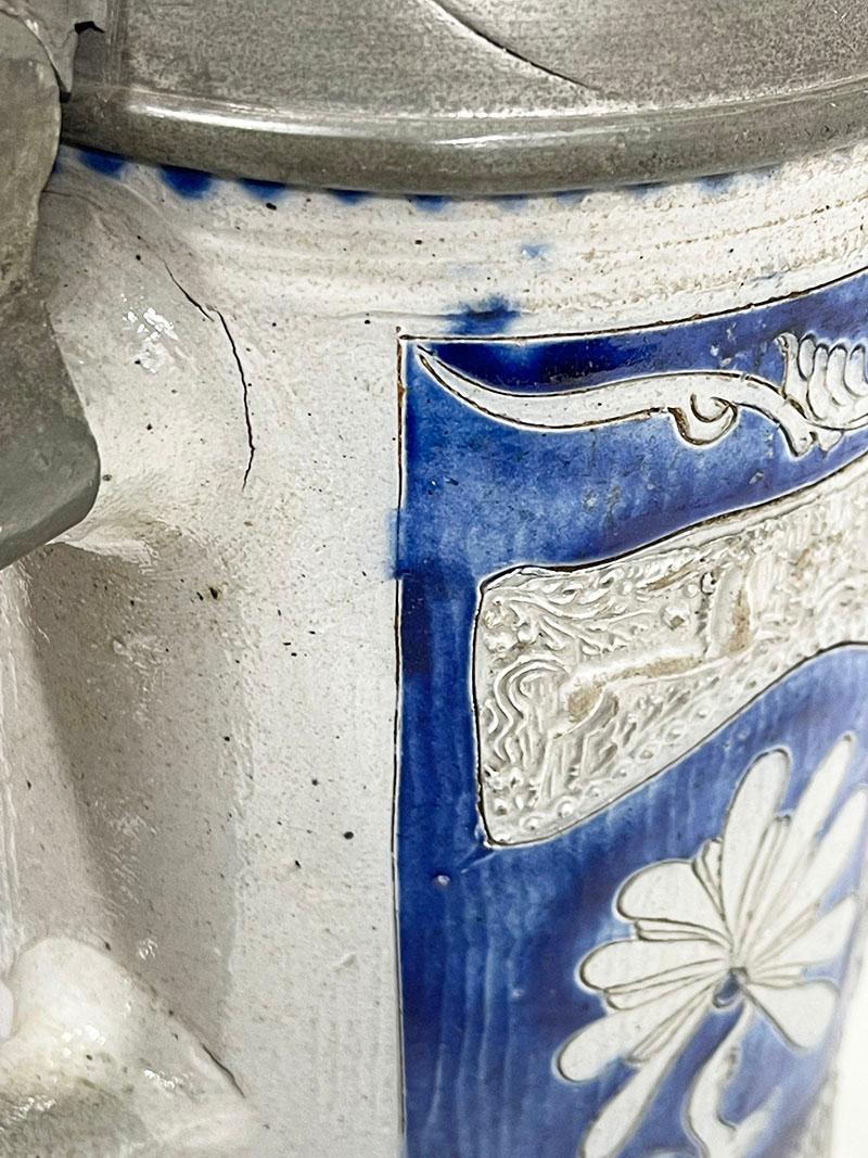 18th Century German Westerwald Salt Glazed Stoneware with Horses Tankard For Sale 6