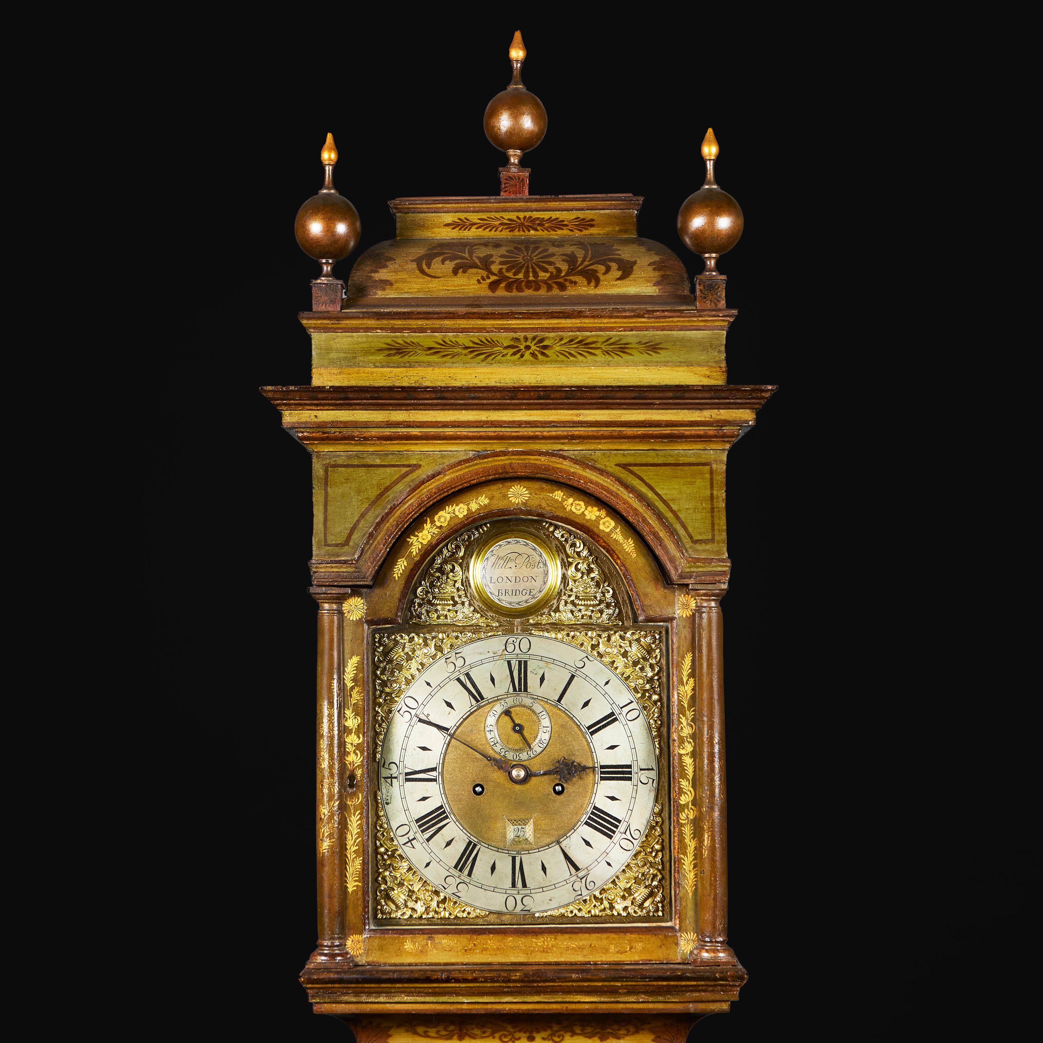 English An 18th Century Green Japanned Lacquer Longcase Clock For Sale