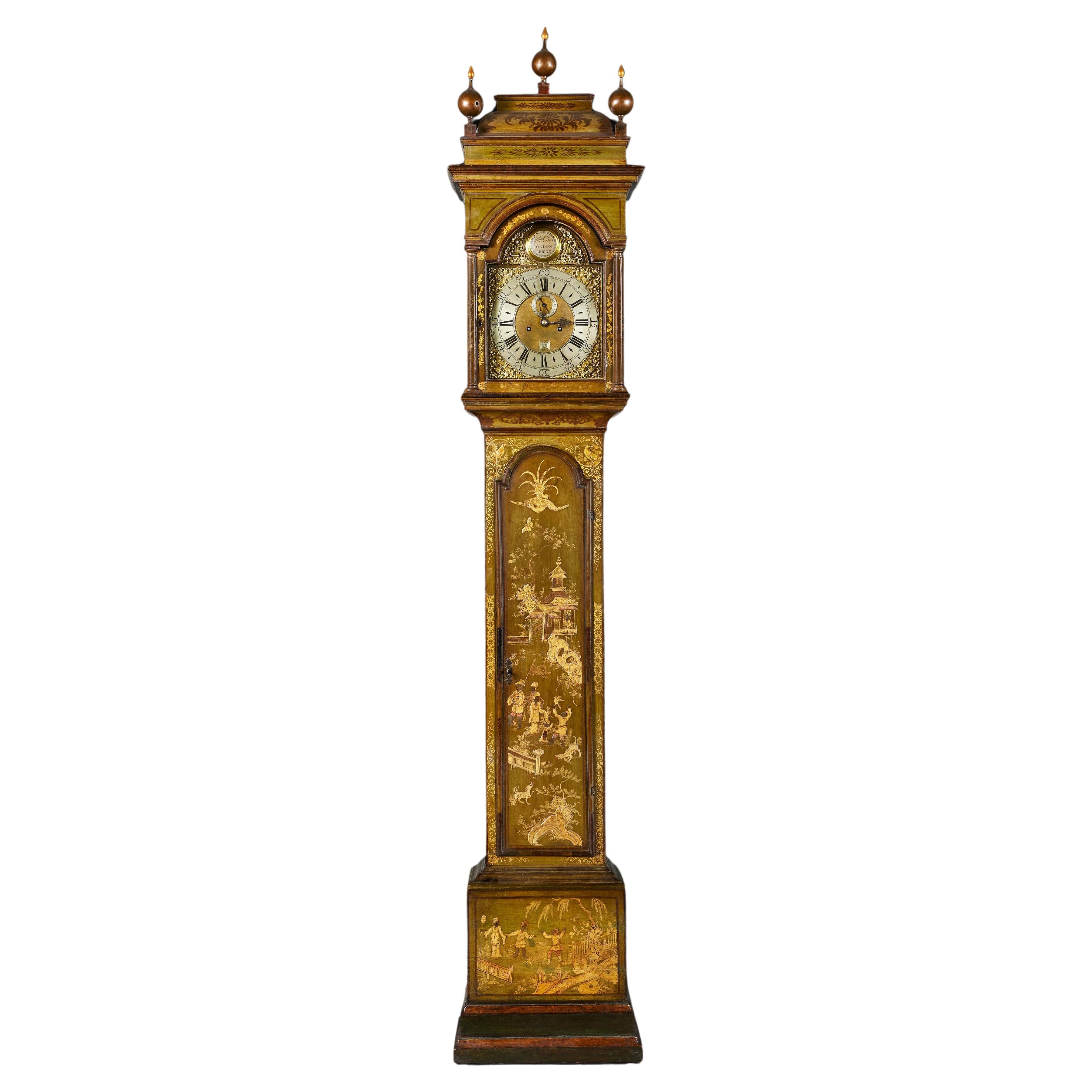 An 18th Century Green Japanned Lacquer Longcase Clock For Sale