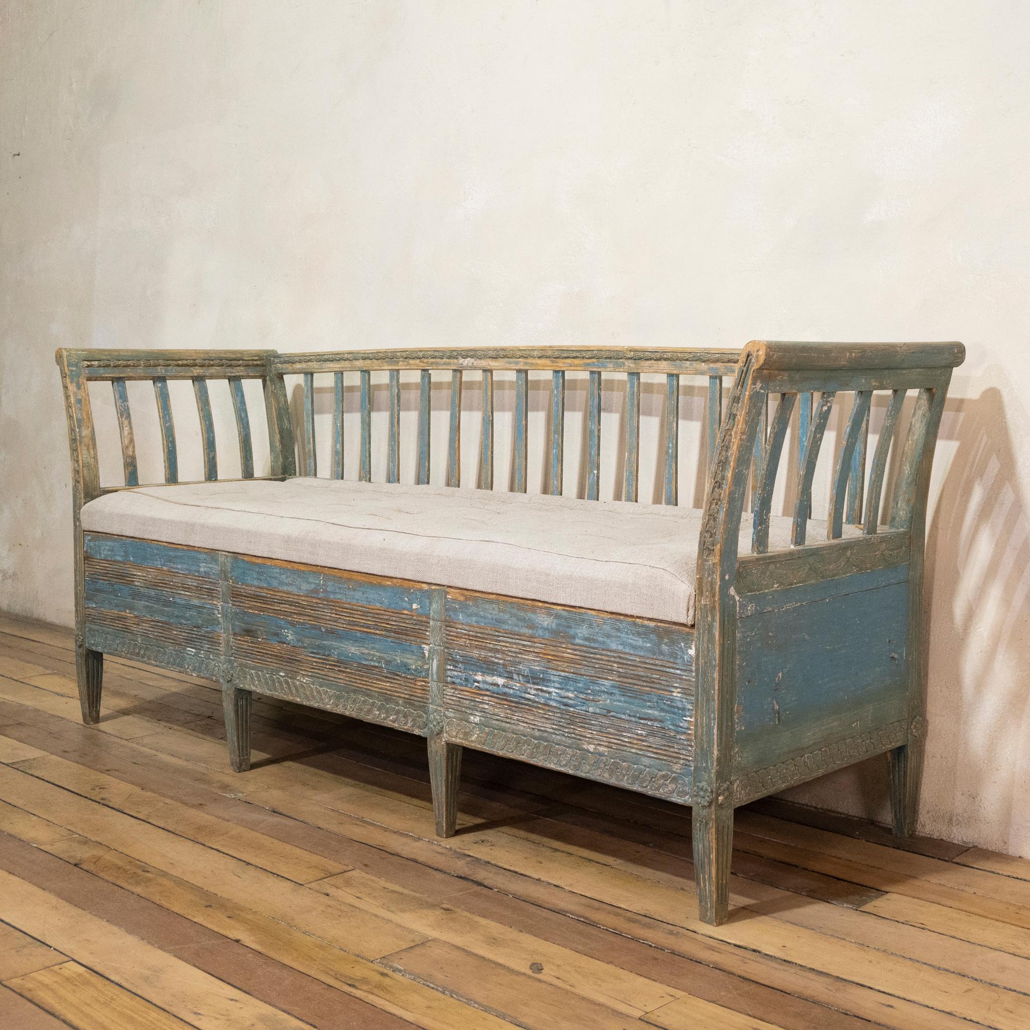 18th Century Gustavian Swedish Sofa, Bench Original Blue Paint 3